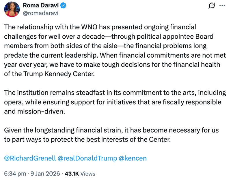 Roma Daravi X post about the Washington National Opera leaving the Kennedy Center