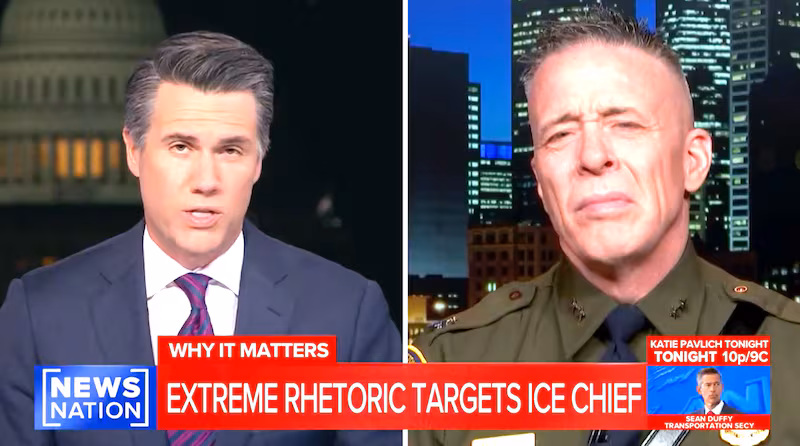 Gregory Bovino looks grim-faced as NewsNation host Leland Vittert tees up the Newsom clip.