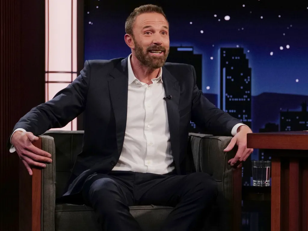 Ben Affleck seated and smiling during his interview on Jimmy Kimmel Live!