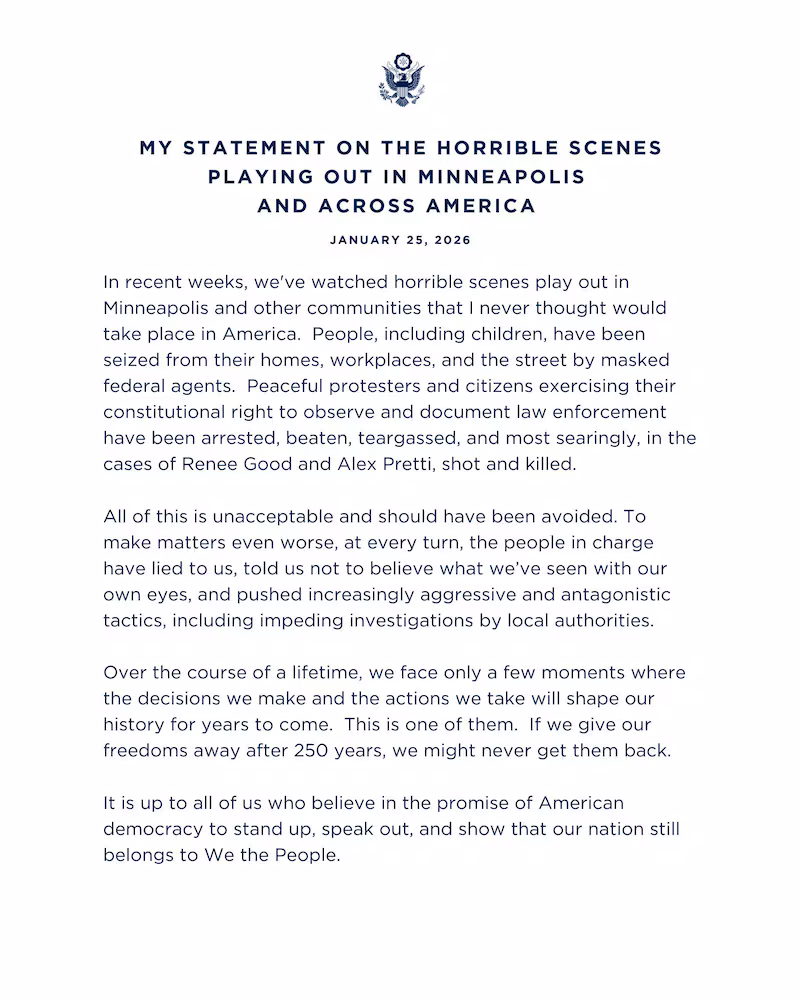 Bill Clinton's statement on the federal immigration raids and two Minneapolis shootings.