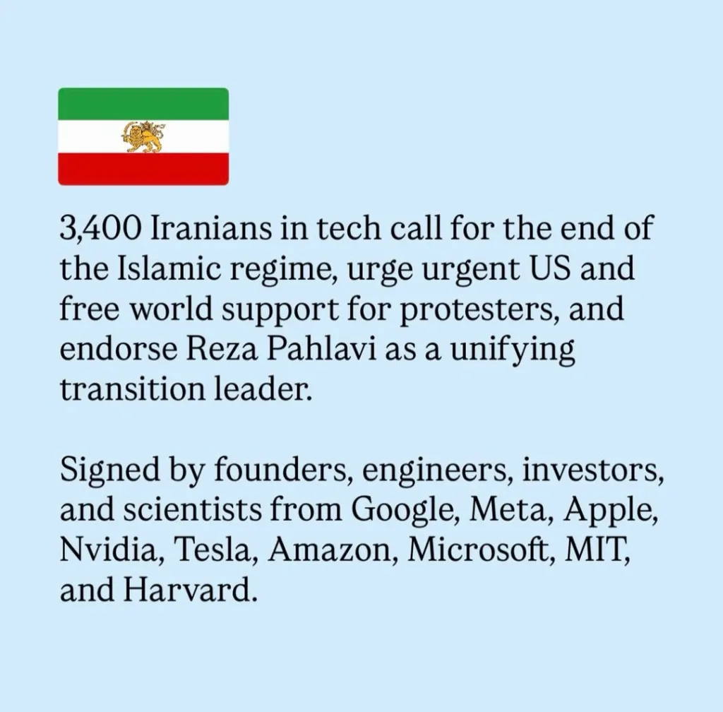 Illustration of an Iranian flag next to text stating 3,400 Iranians in tech call for the end of the Islamic regime and for US support for protestors, endorsing Reza Pahlavi as a unifying leader.