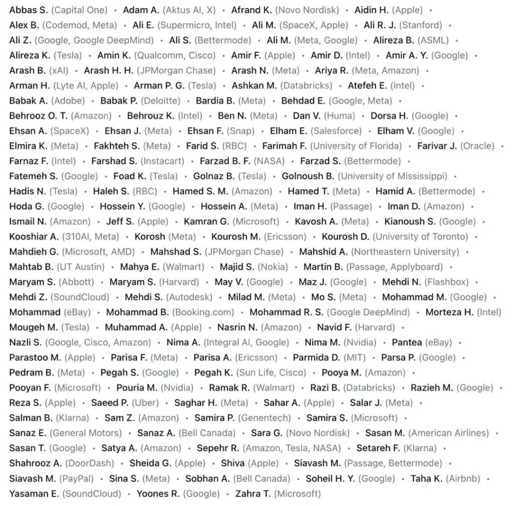 A list of names and their employers, including Google, Meta, and Apple.