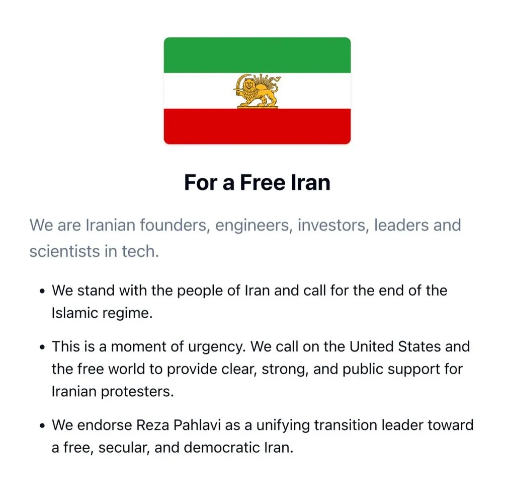 Iranian tech workers' petition for a free Iran, showing the former Iranian flag and a statement of support for protestors.