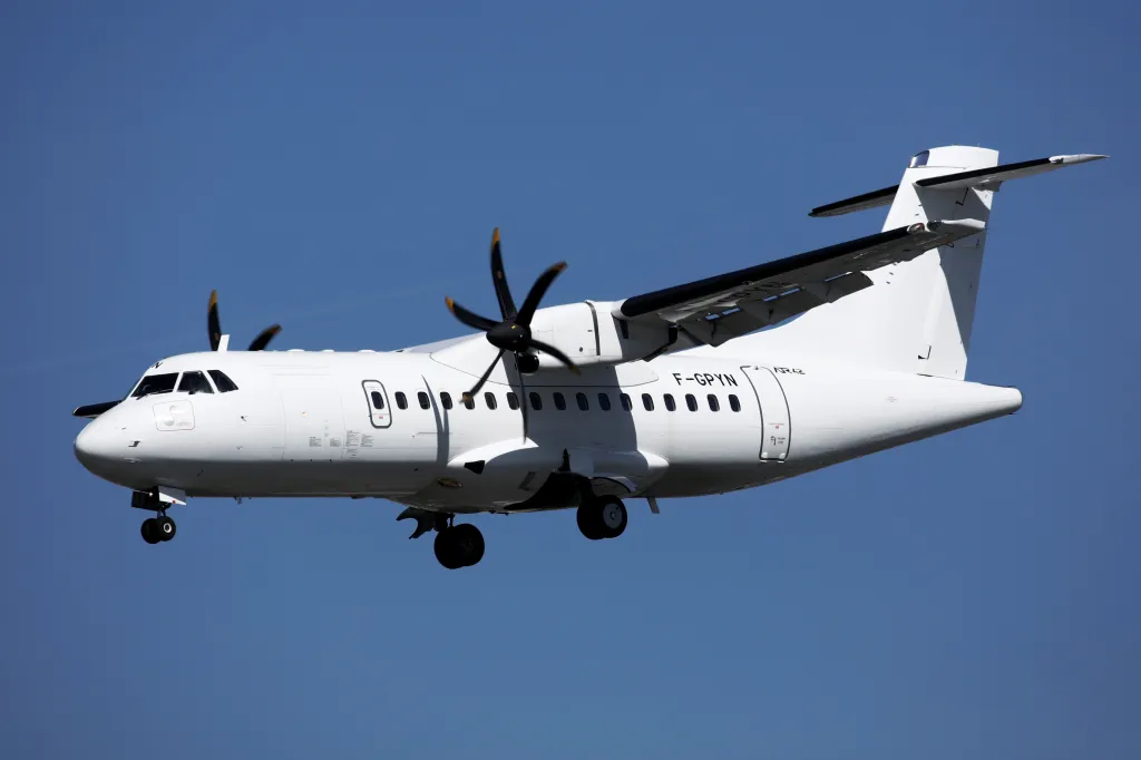 An ATR 42-500 aircraft, operated by Chalair Aviation, lands at Orly Airport near Paris.