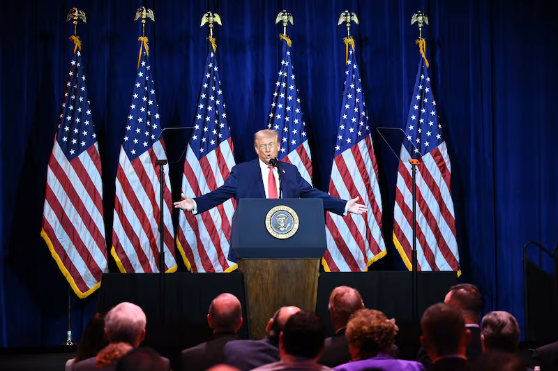 President Donald Trump speaks during the House Republican Party member retreat at the Kennedy Center in Washington, DC, on January 6, 2026.