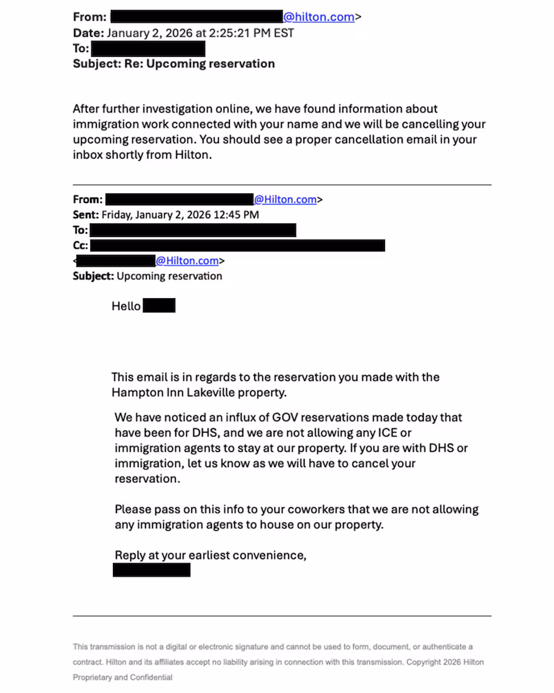 One of the emails denying ICE agents a reservation, according to DHS.