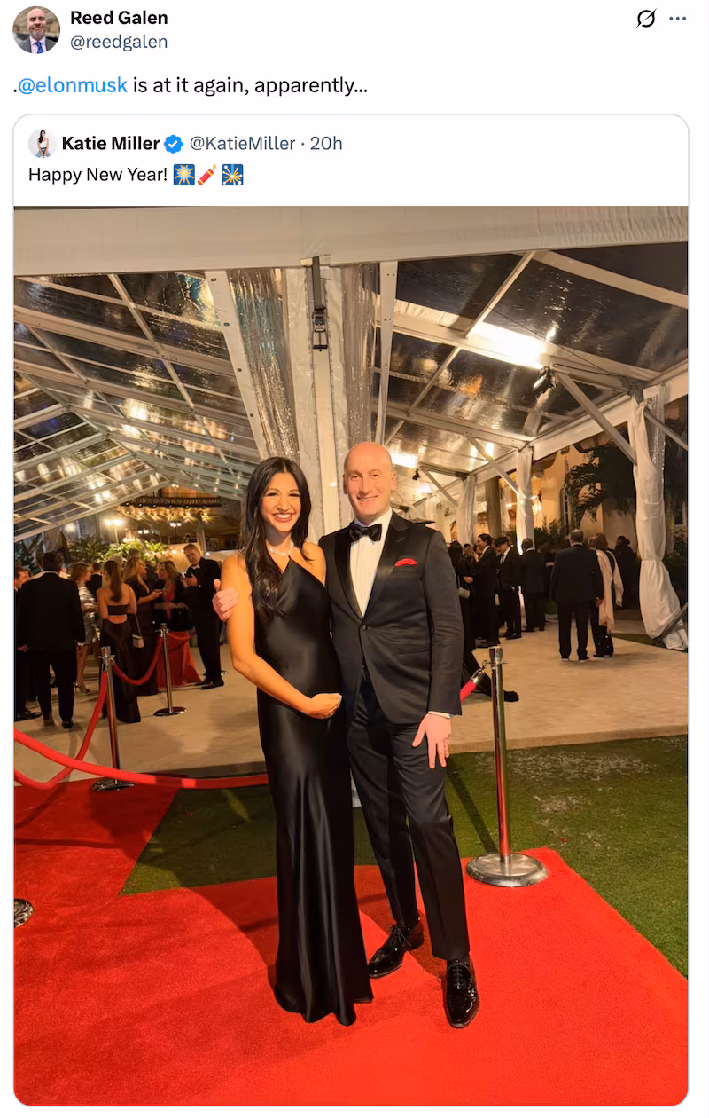 Reed Galen comments on Katie Miller's pregnancy on X.