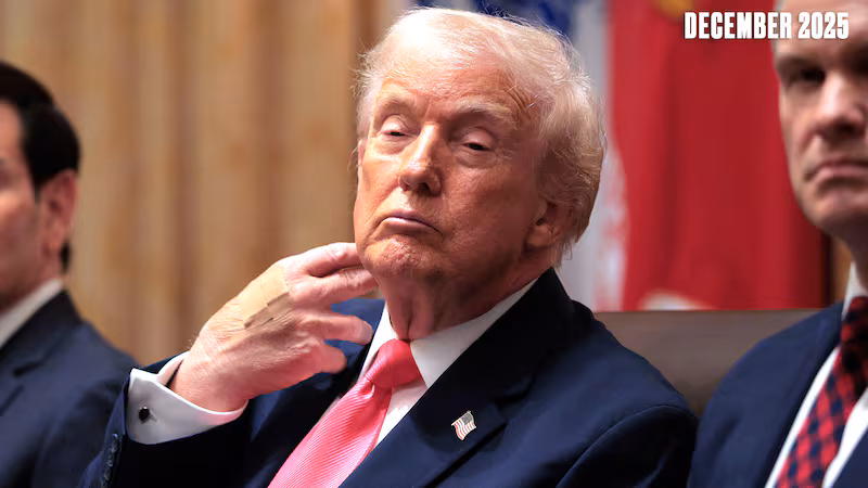 A sleepy Trump wears adhesive bandages on the back of his hand during a meeting of his cabinet in the Cabinet Room of the White House on Dec. 2, 2025.