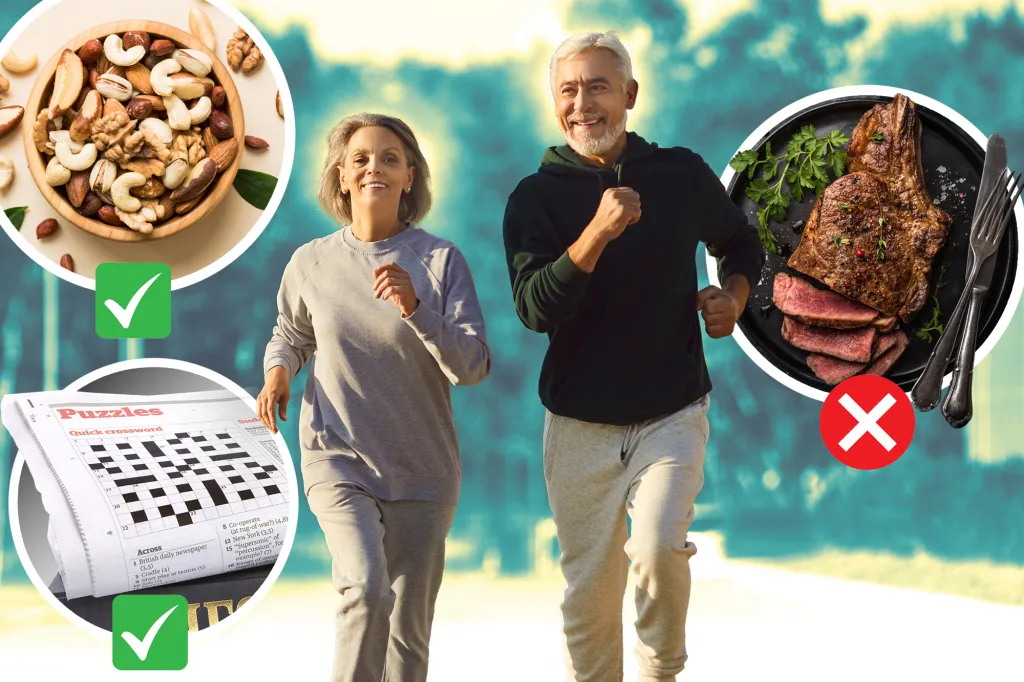 Collage of an older couple jogging with inset images of nuts and a crossword puzzle, and an image of a steak crossed out, illustrating ways to have a younger brain.