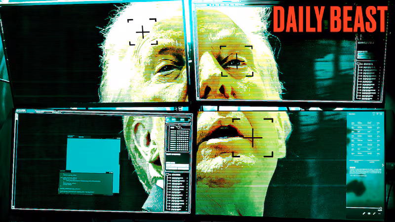 Donald Trump's face on monitors.