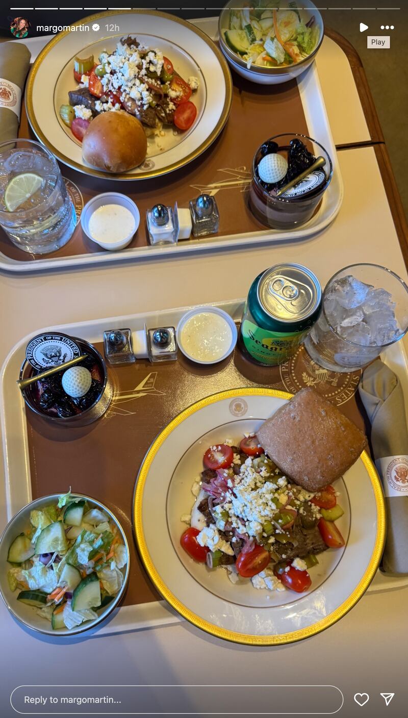 The June 15 meal aboard Air Force One included a “bloody mary steak,” served with a side salad and chocolate mousse.