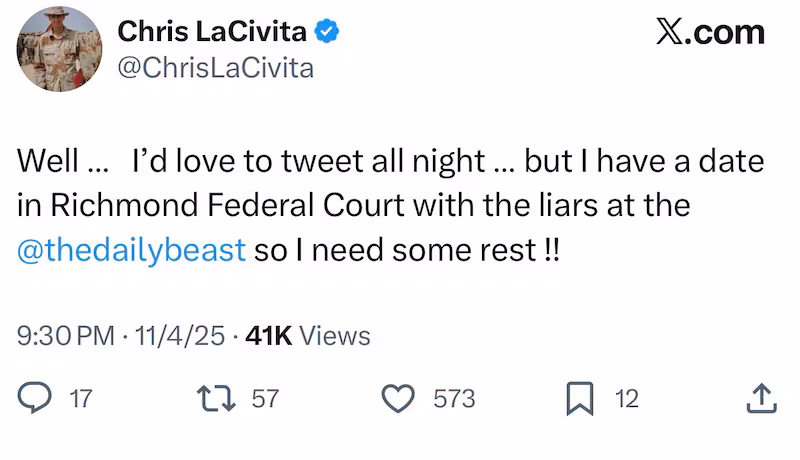 Well …   I’d love to tweet all night … but I have a date in Richmond Federal Court with the liars at the 
@thedailybeast
 so I need some rest !!