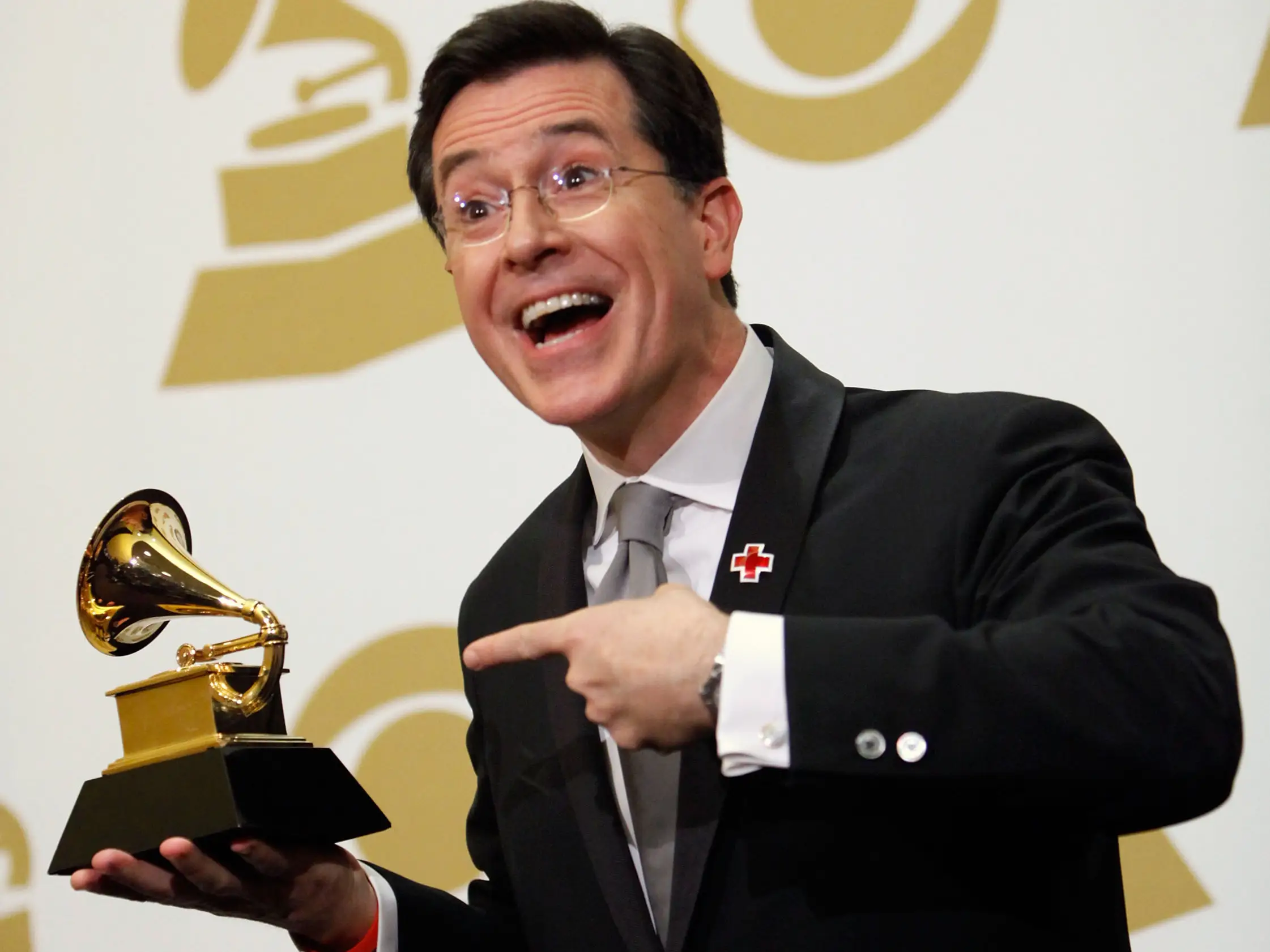 Stephen Colbert poses in the press room at the 52nd Annual Grammy Awards in 2010.