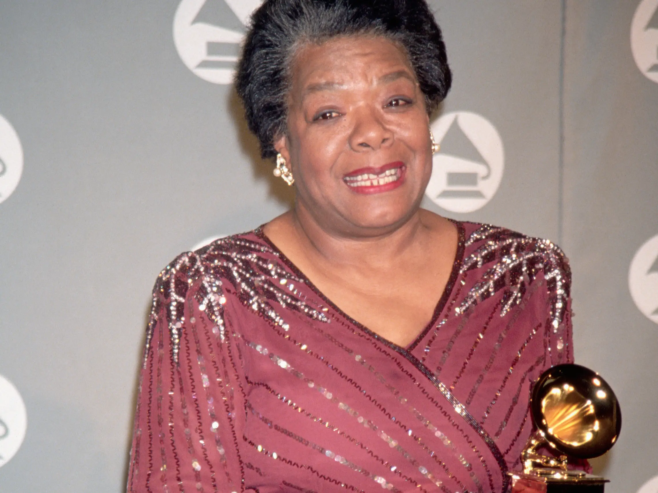 Poet Maya Angelou poses at Radio City Music Hall during the Grammy Awards.