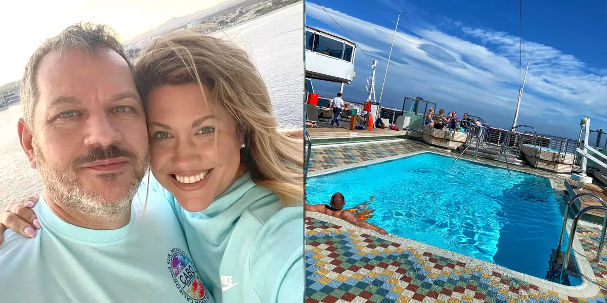 The writer and her husband taking a selfie next to a pool on a cruise ship deck