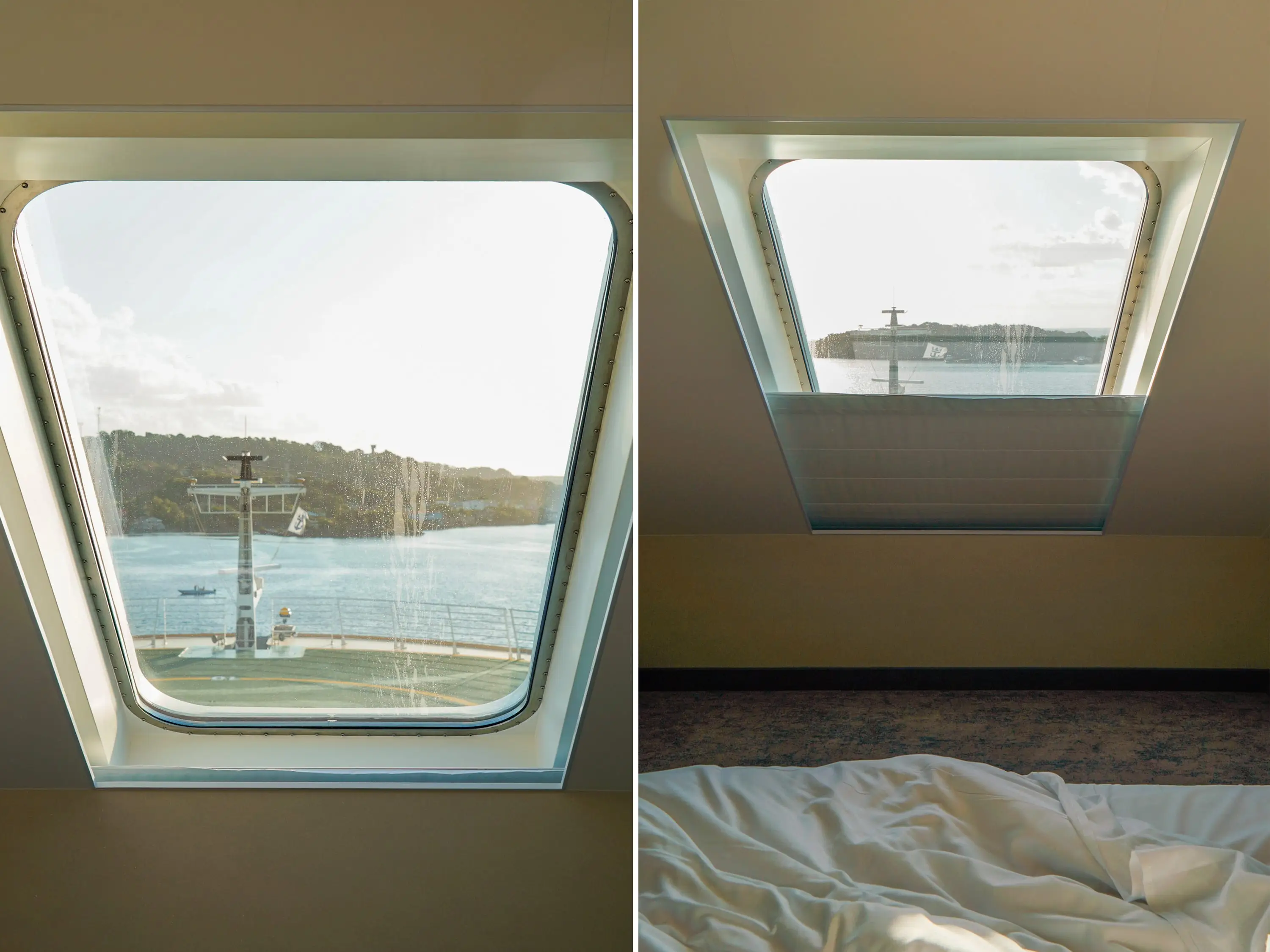 two images of a window on cruise ship