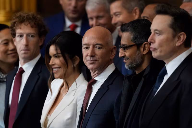 WASHINGTON, DC - JANUARY 20: Guests including Mark Zuckerberg, Lauren Sanchez, Jeff Bezos, Sundar Pichai and Elon Musk attend the Inauguration of Donald J. Trump in the U.S. Capitol Rotunda on January 20, 2025 in Washington, DC. Donald Trump takes office for his second term as the 47th president of the United States. (Photo by Julia Demaree Nikhinson - Pool/Getty Images)