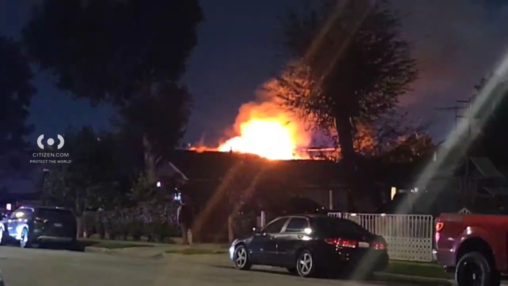 A building on Purdy Avenue engulfed in flames at night.