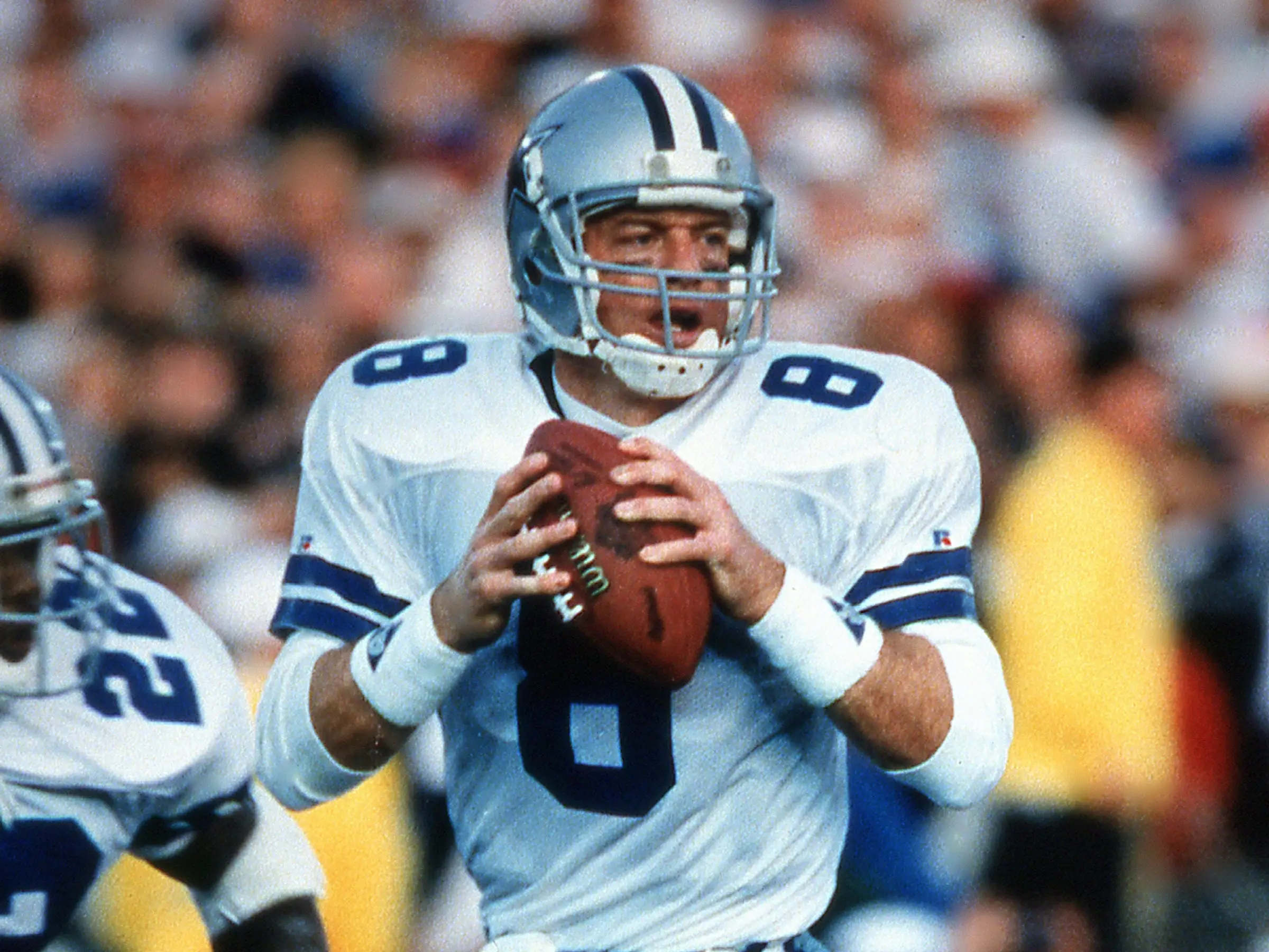 Troy Aikman prepares to pass the football during Super Bowl XXVII.
