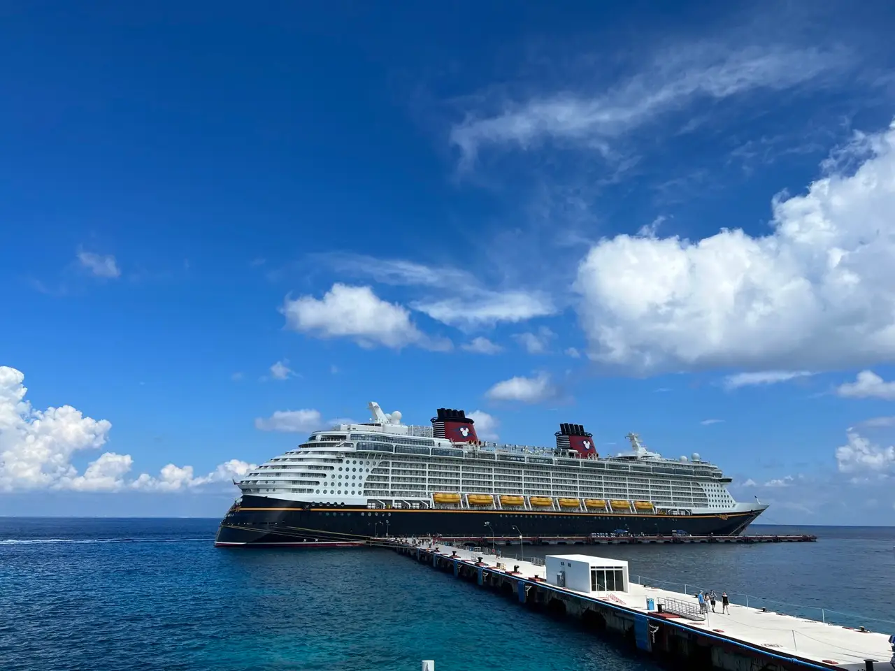 The Disney Fantasy cruise ship at a dock.