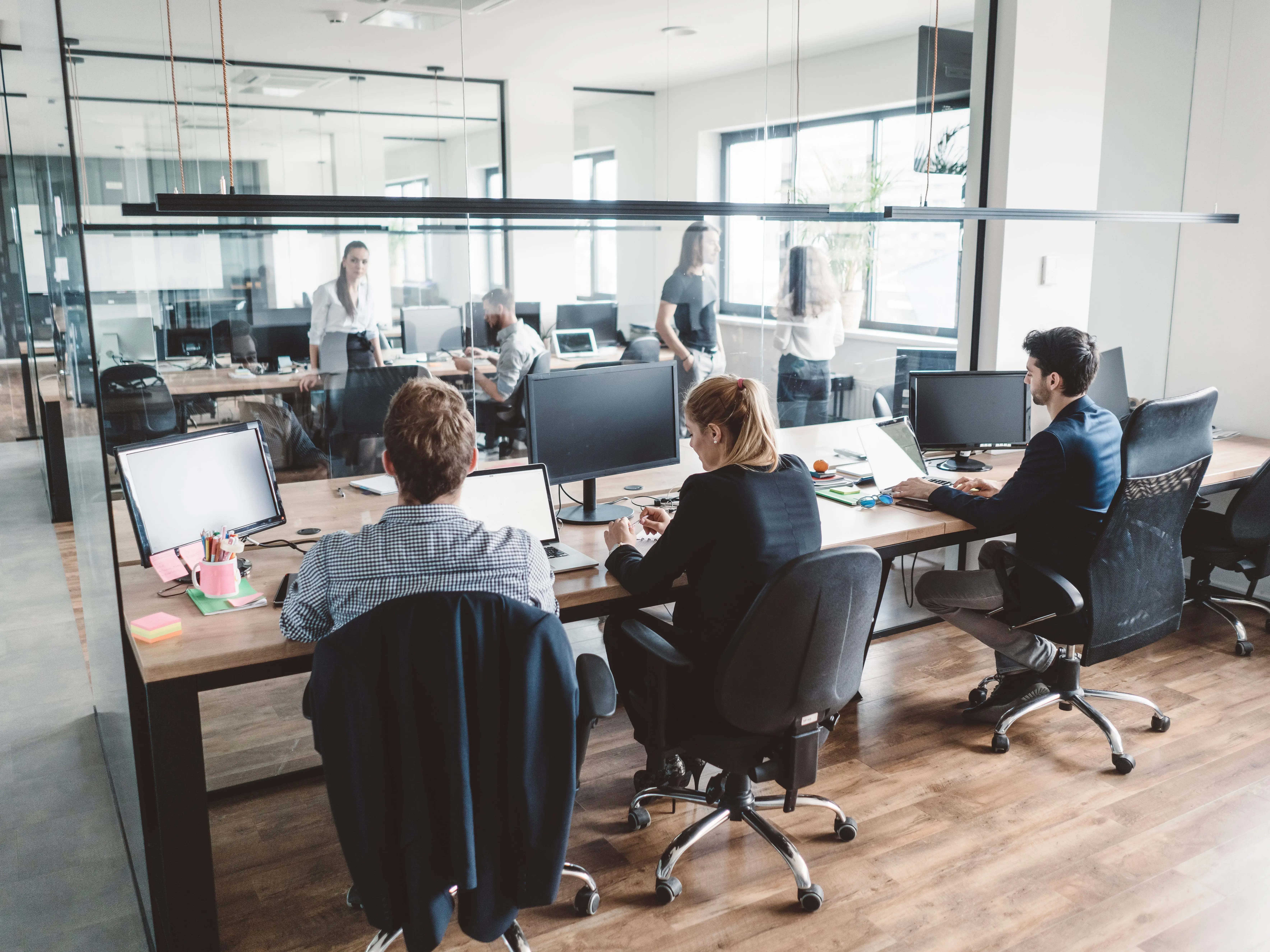 Three people facing at a desk facing desktop computers in an office.