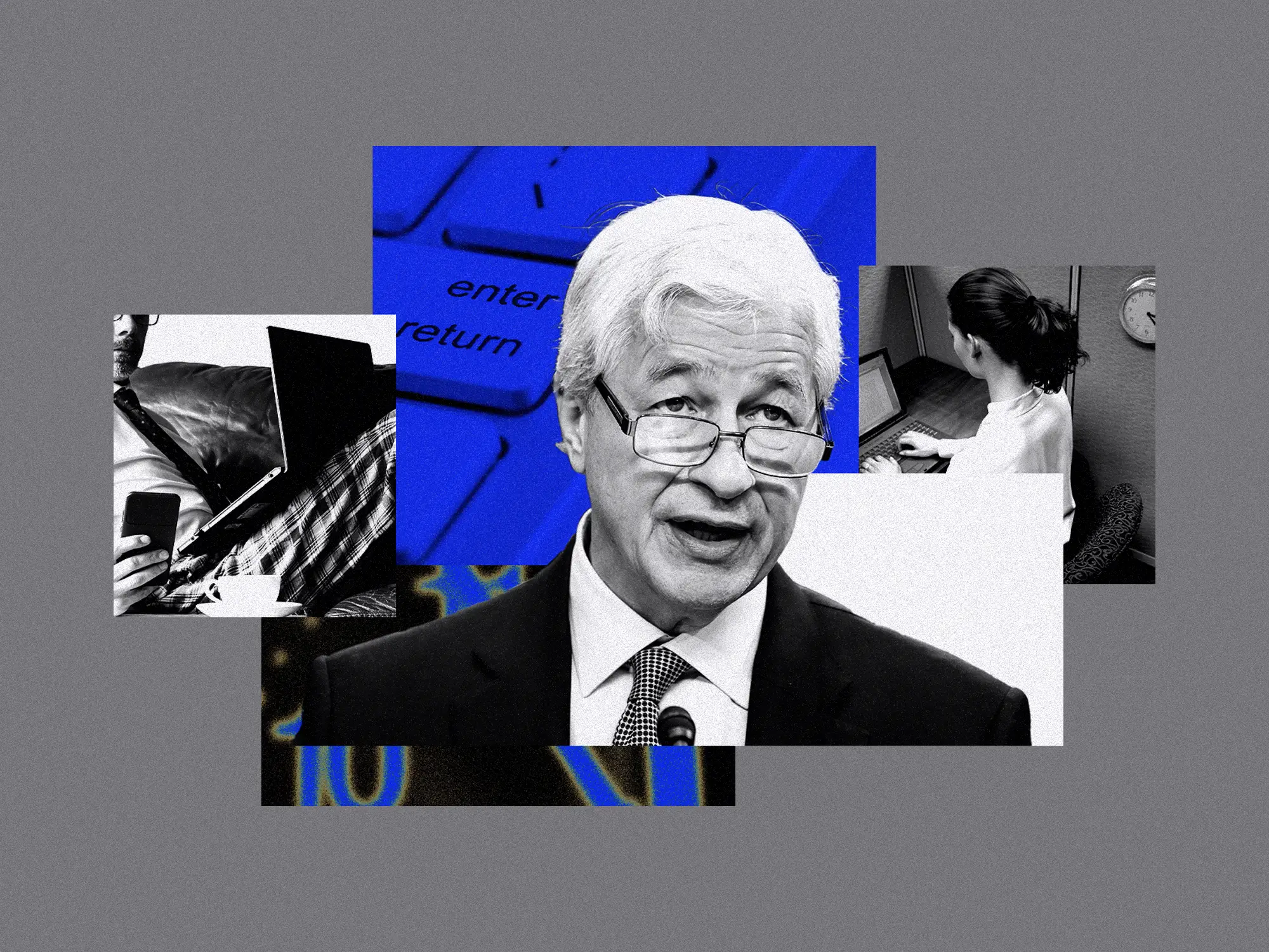 Jamie Dimon alongside images of a person working from home on a laptop, a person working in a cubicle, and a close-up of the 