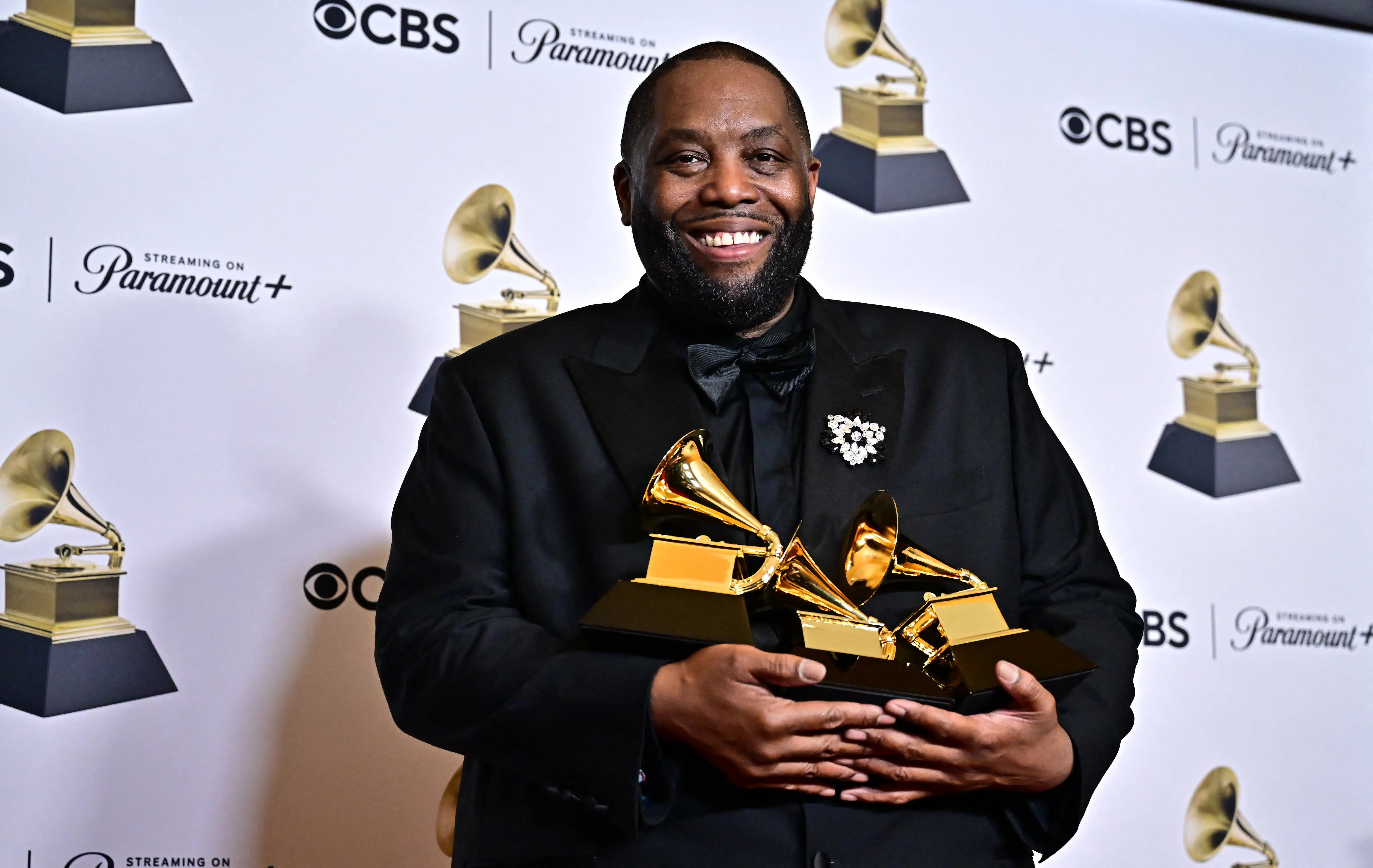 Killer Mike poses in the press room with the Grammy for Best Rap Performance, Best Rap Album and Best Rap Song during the 66th Annual Grammy Awards at the Crypto.com Arena in Los Angeles on February 4, 2024.