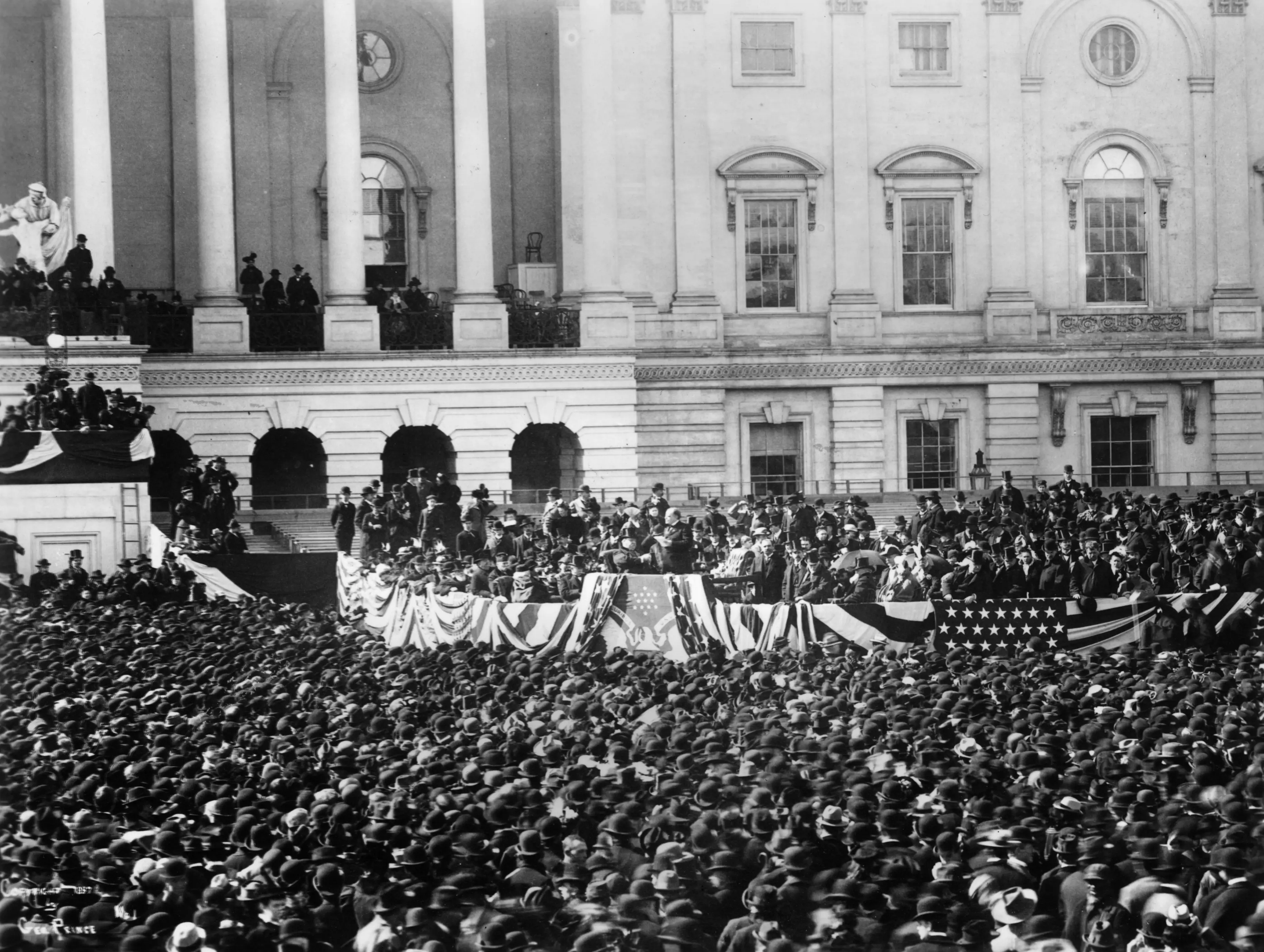 Crowds gather at the Capitol building in Washington, DC to witness the inauguration of William McKinley (1843 - 1901) as the 25th president of the United States. McKinley makes his inaugural address, promising to help the nation recover from its long economic slump with the introduction of a higher tariff.
