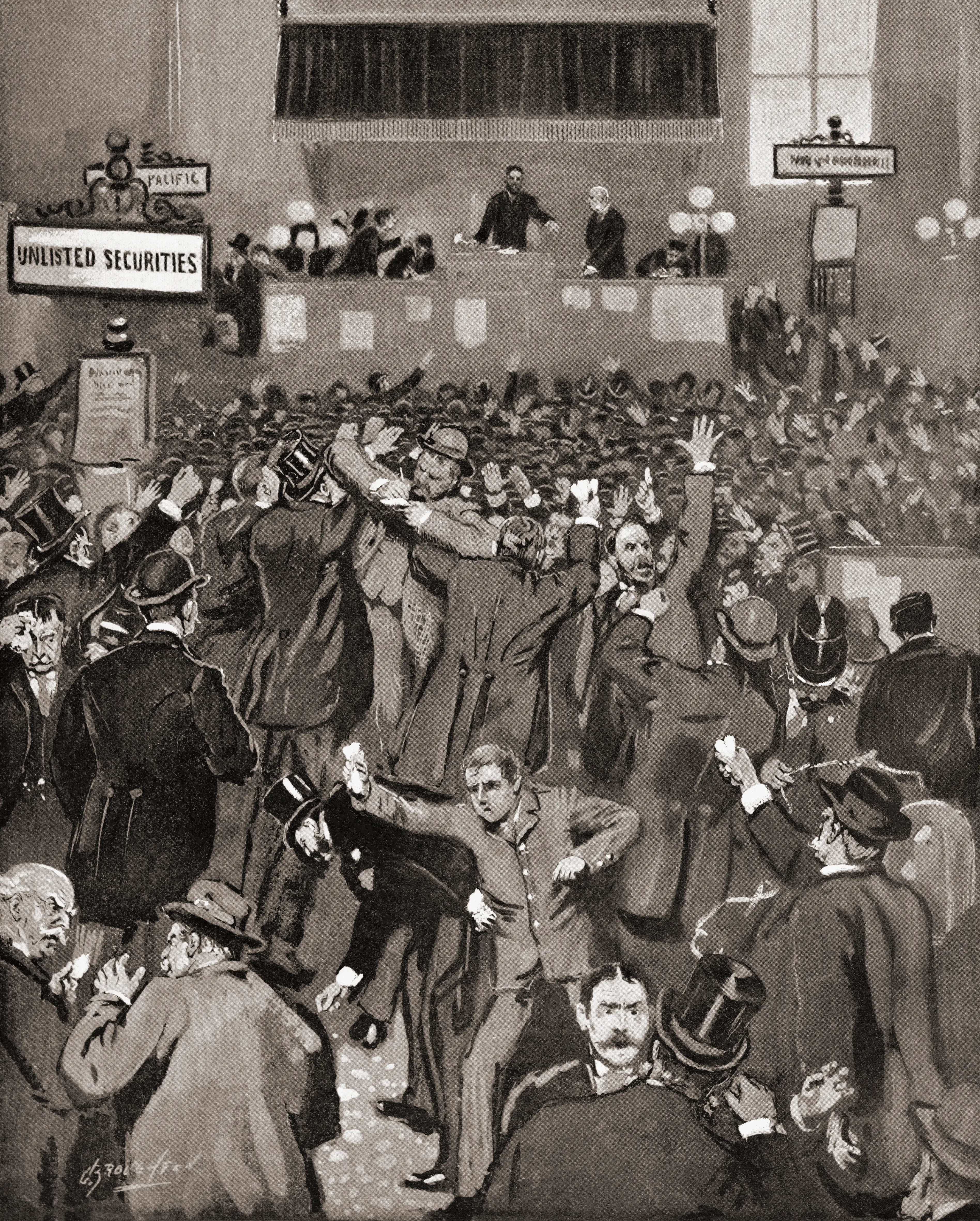 Panic in the New York Stock Exchange in May 1893. An economic depression which lasted from 1893 through 1897 became known as the Panic of 1893. After an illustration by Charles Broughton in Frank Leslie's Illustrated Newspaper, May 18, 1893.