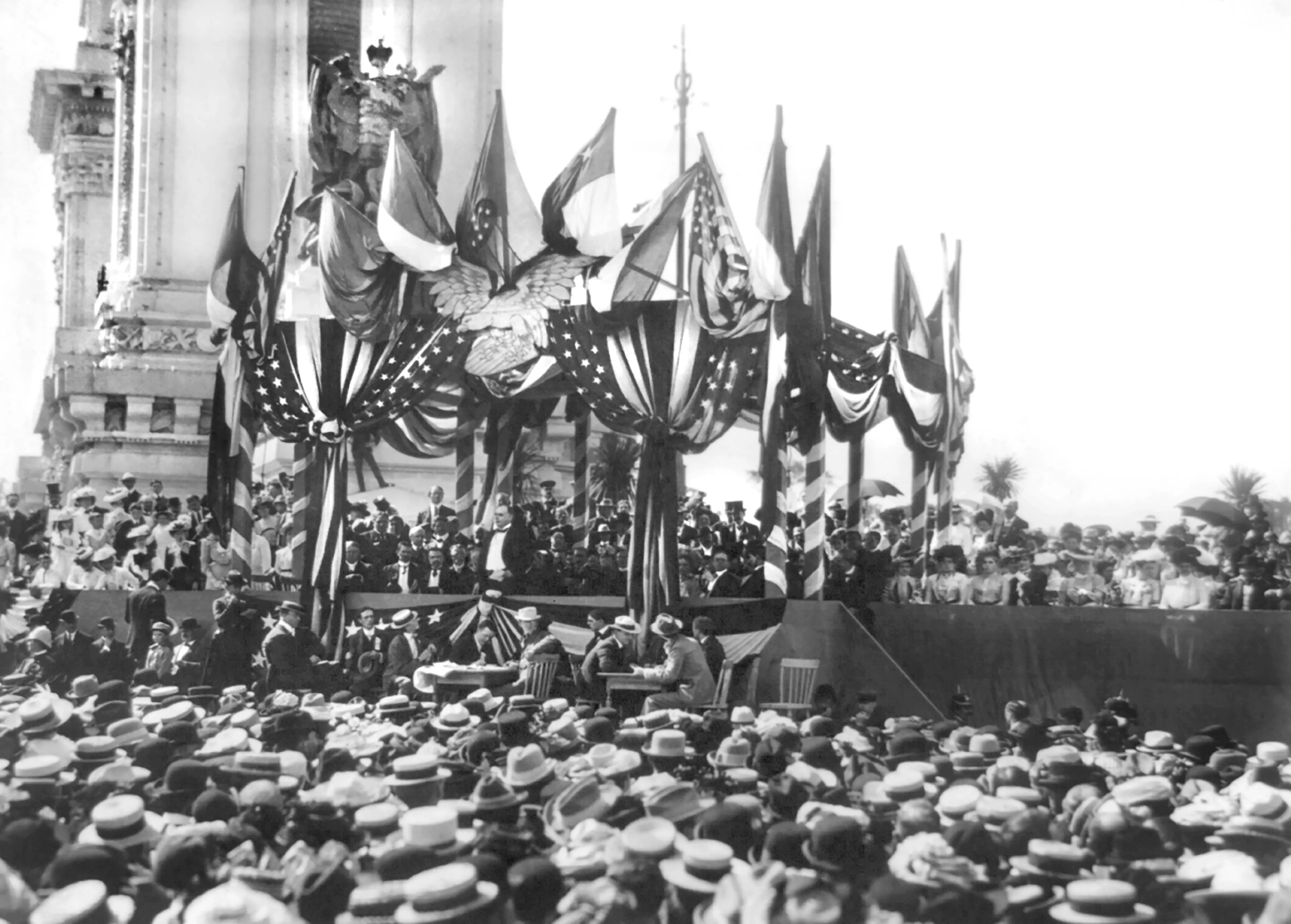U.S. President William McKinley Delivering Address to Crowd from Flag-Draped Stand, Pan-American Exposition in Buffalo, New York, USA