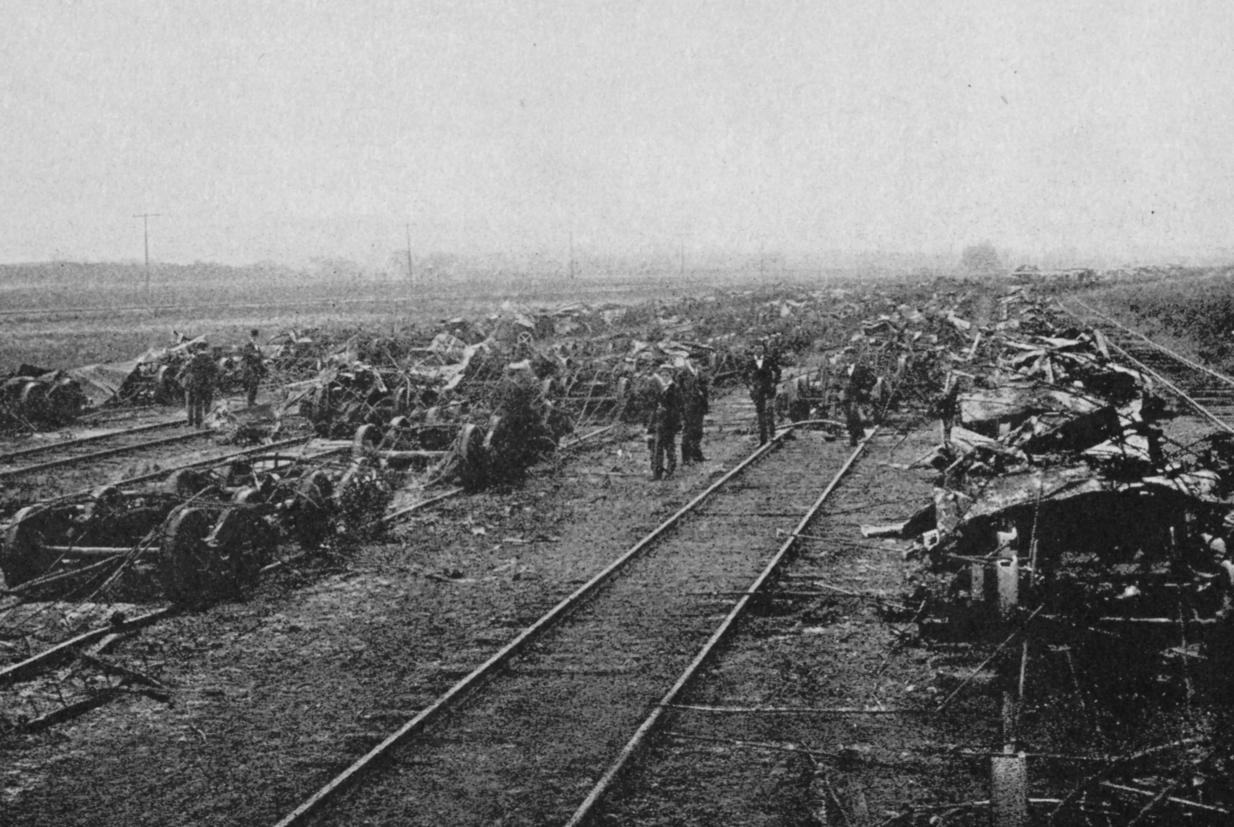 Burned freight cars lining the expanse of the Panhandle Railroad, during the Pullman Railway Union Strikes, Chicago, July 1894.