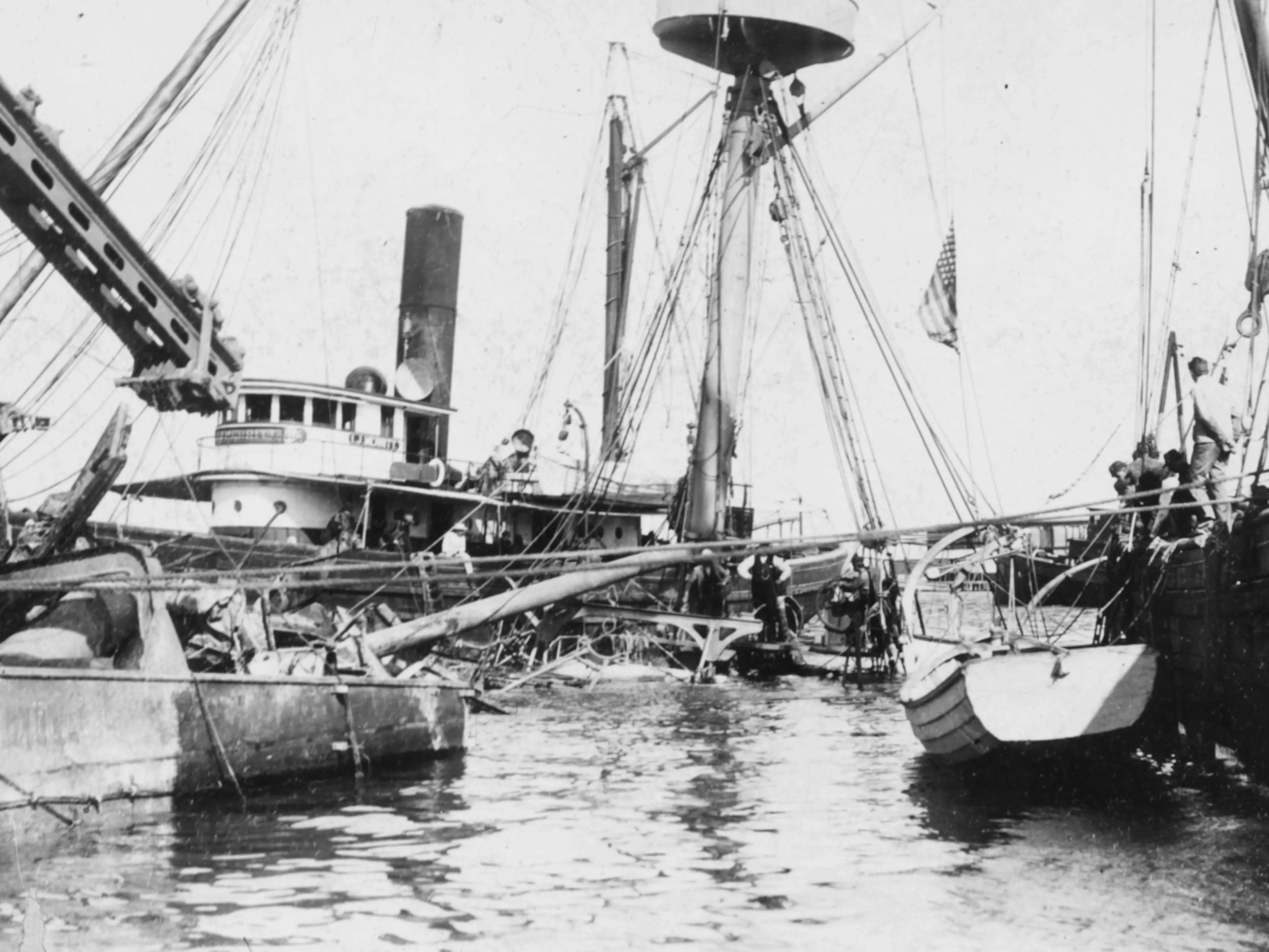 The sunken wreckage of the USS Maine being salvaged following an explosion, during the Spanish American War, Havana Harbor, Cuba, February 16th 1898.