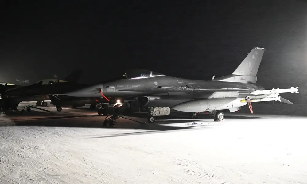 An F-16 Fighting Falcon readies for takeoff at Pituffik Space Base.