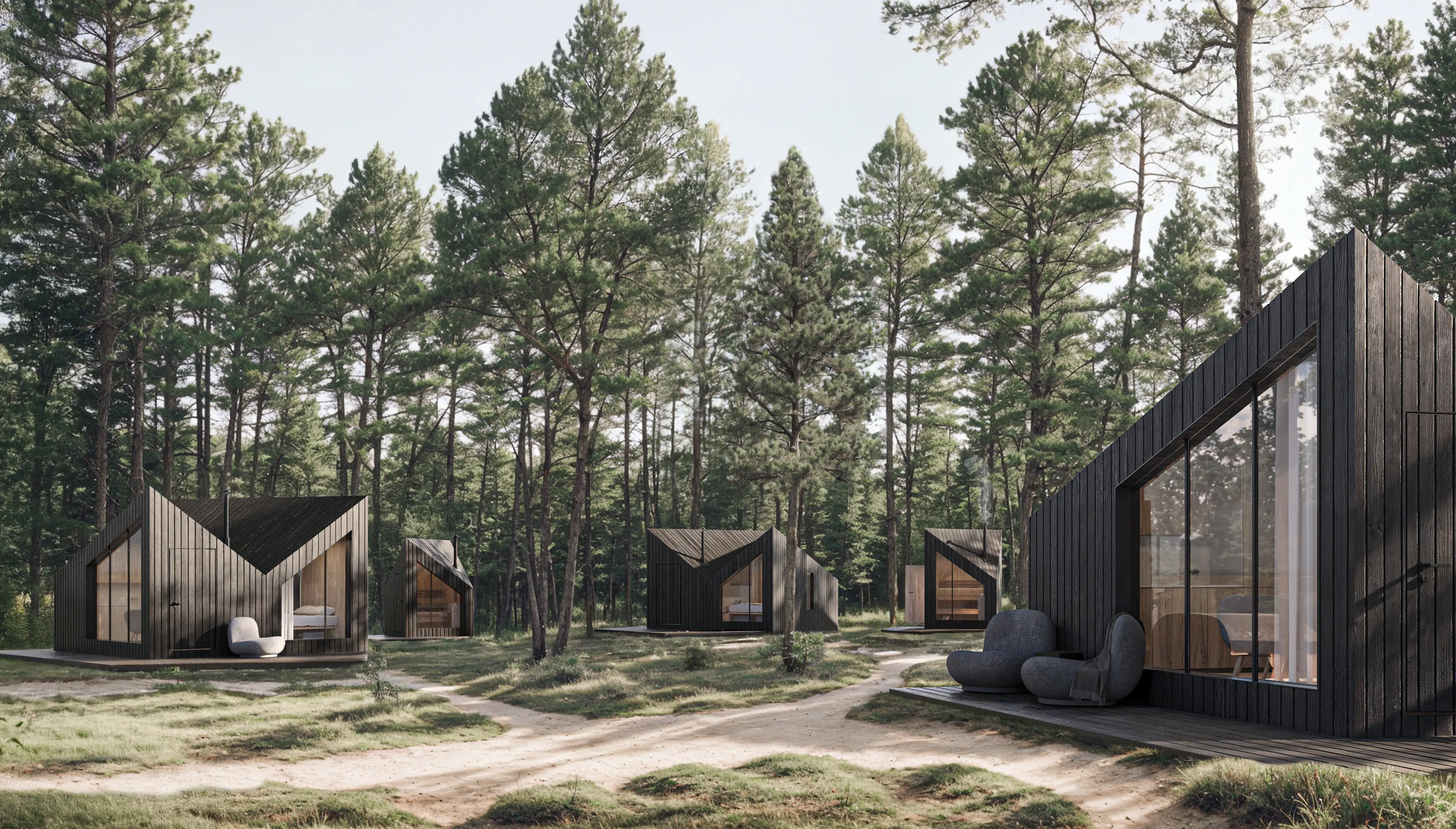 A 3-D rendering of 5 NIWA cabins.
