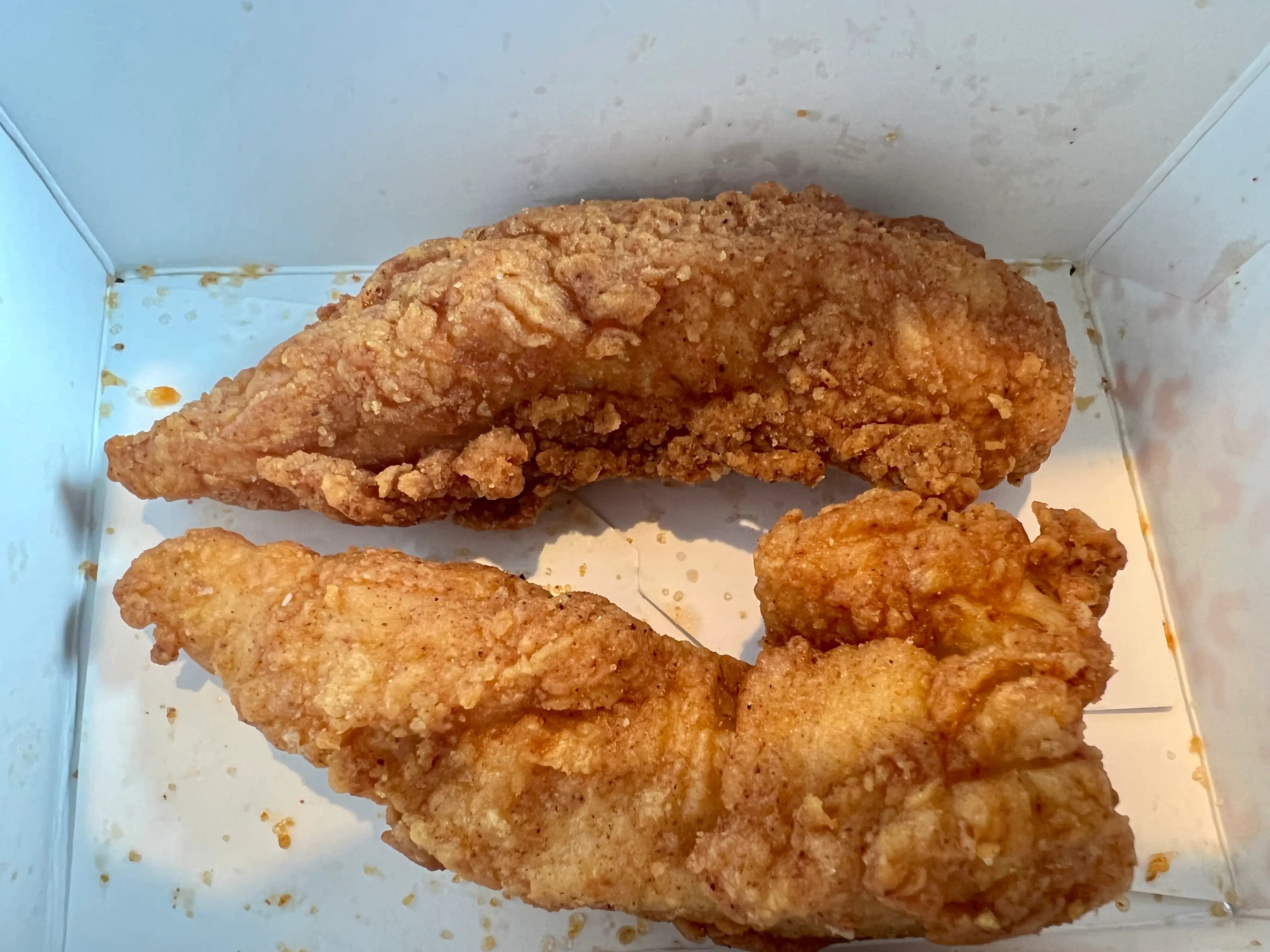 Two chicken tenders in a box.