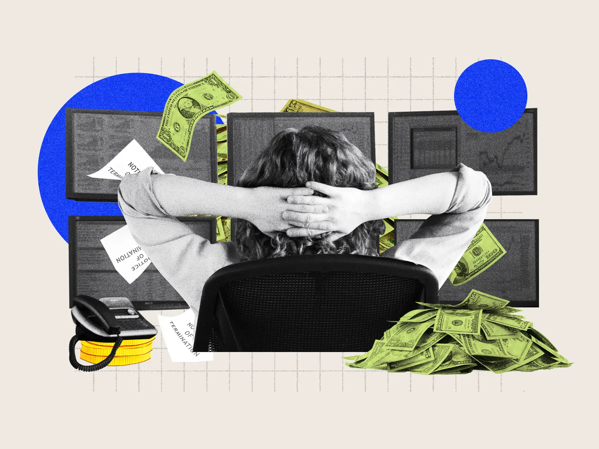 Photo collage of portfolio manager relaxed in office chair looking at multiple trading screens, surrounded by cash, coins, and termination letters.