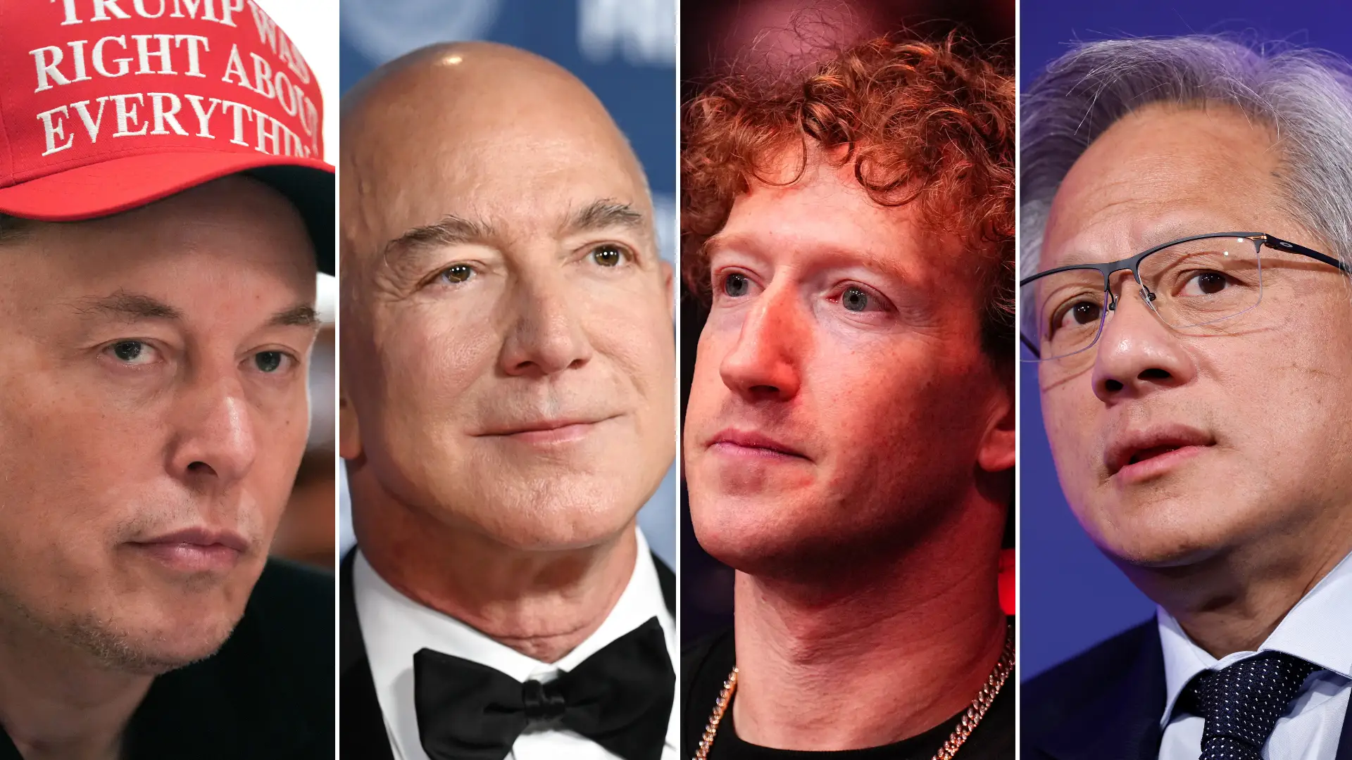 Side by side photos of Elon Musk, Jeff Bezos, Mark Zuckerberg, and Jensen Huang