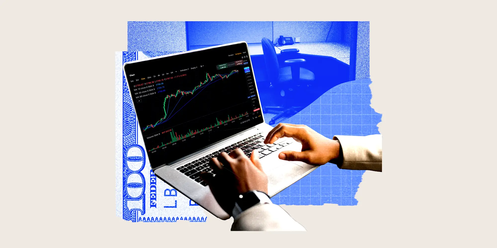 Photo collage of a day trader analyzing financial charts on a laptop, an empty office chair in a cubicle, and a money pattern in the background.