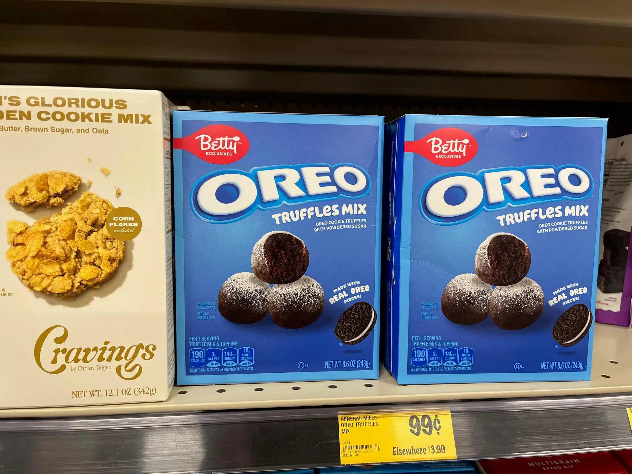 Oreo Truffles mix sits next to cookie mix from Chrissy Teigen's Cravings brand on a shelf at Grocery Outlet