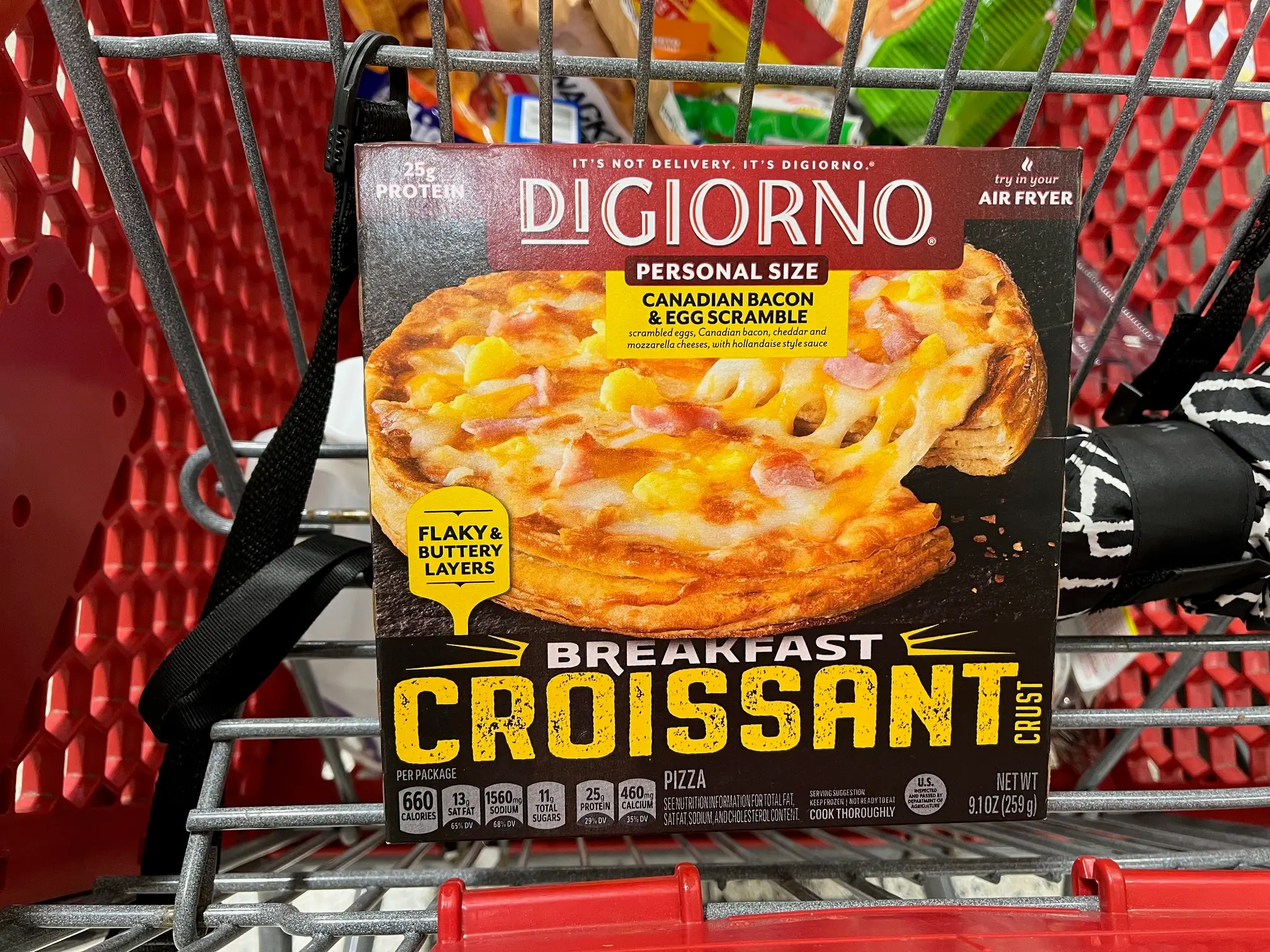 A DiGiorno breakfast croissant from the freezer section of Grocery Outlet.