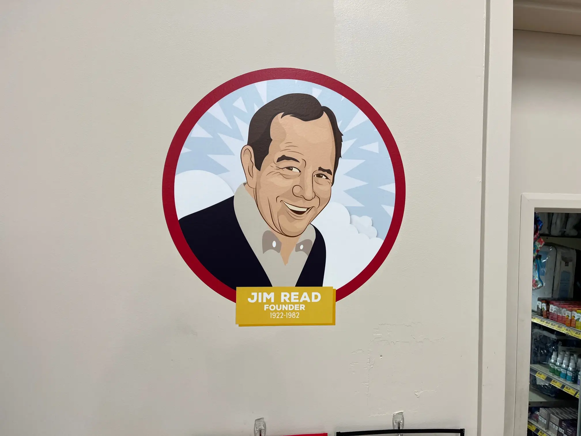 A painted depiction of Grocery Outlet founder Jim Read on the wall of a Grocery Outlet store.
