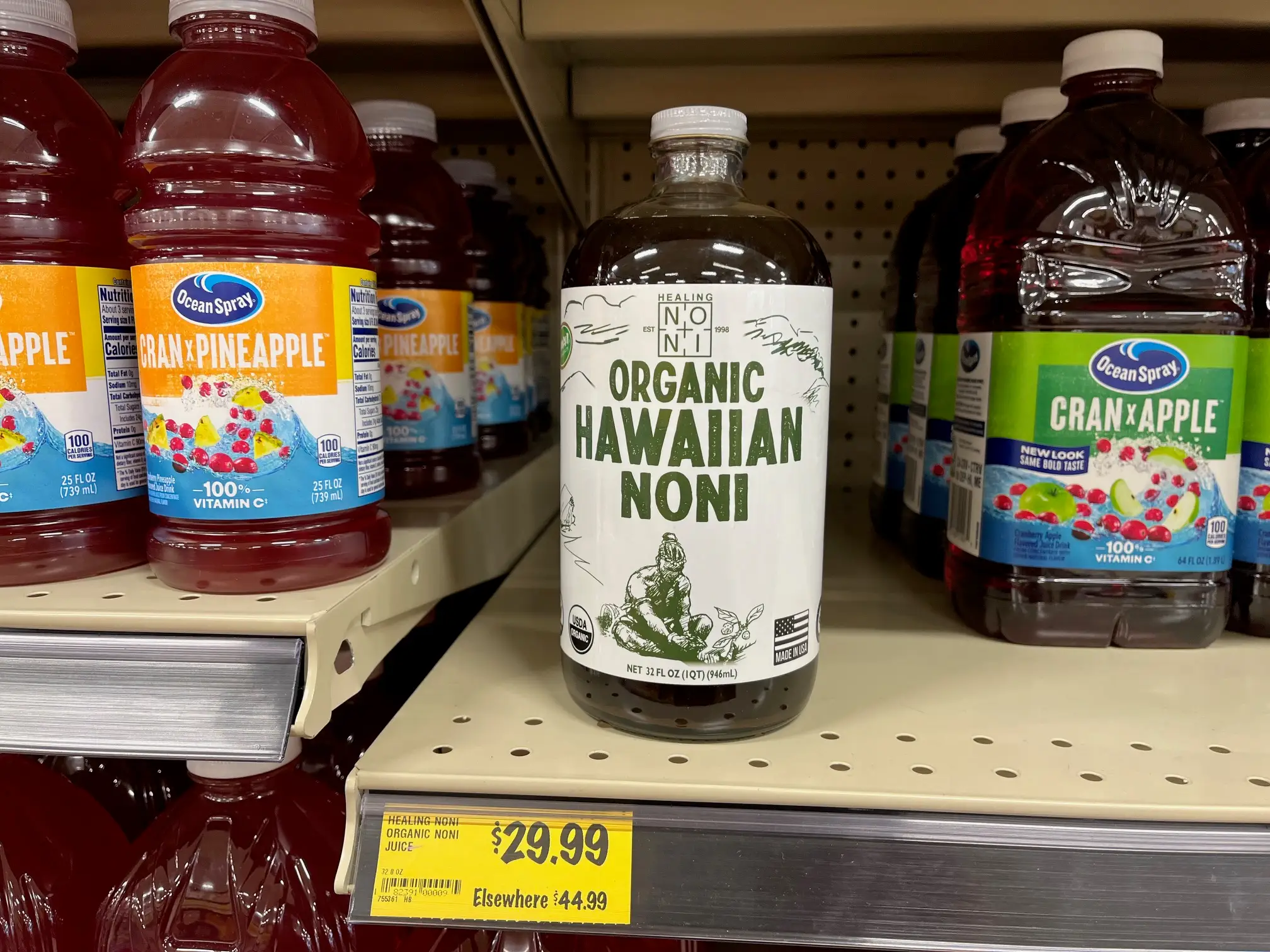 A bottle of Organic Hawaii Noni juice sits on the shelf at Grocery Outlet.