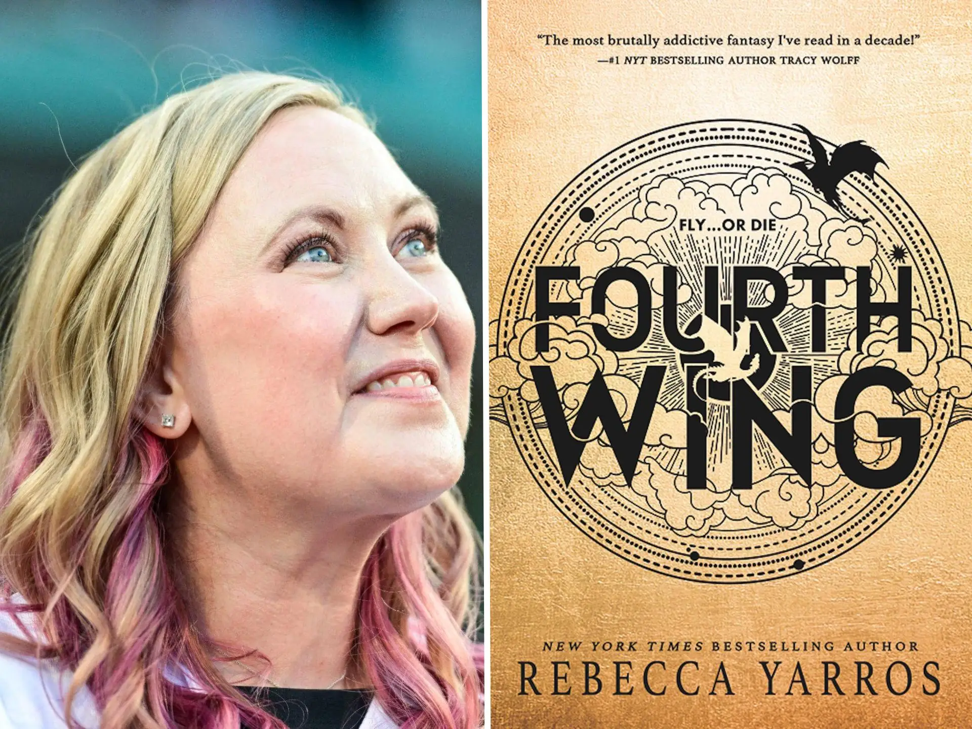 A side-by-side of Rebecca Yarros and the cover of 