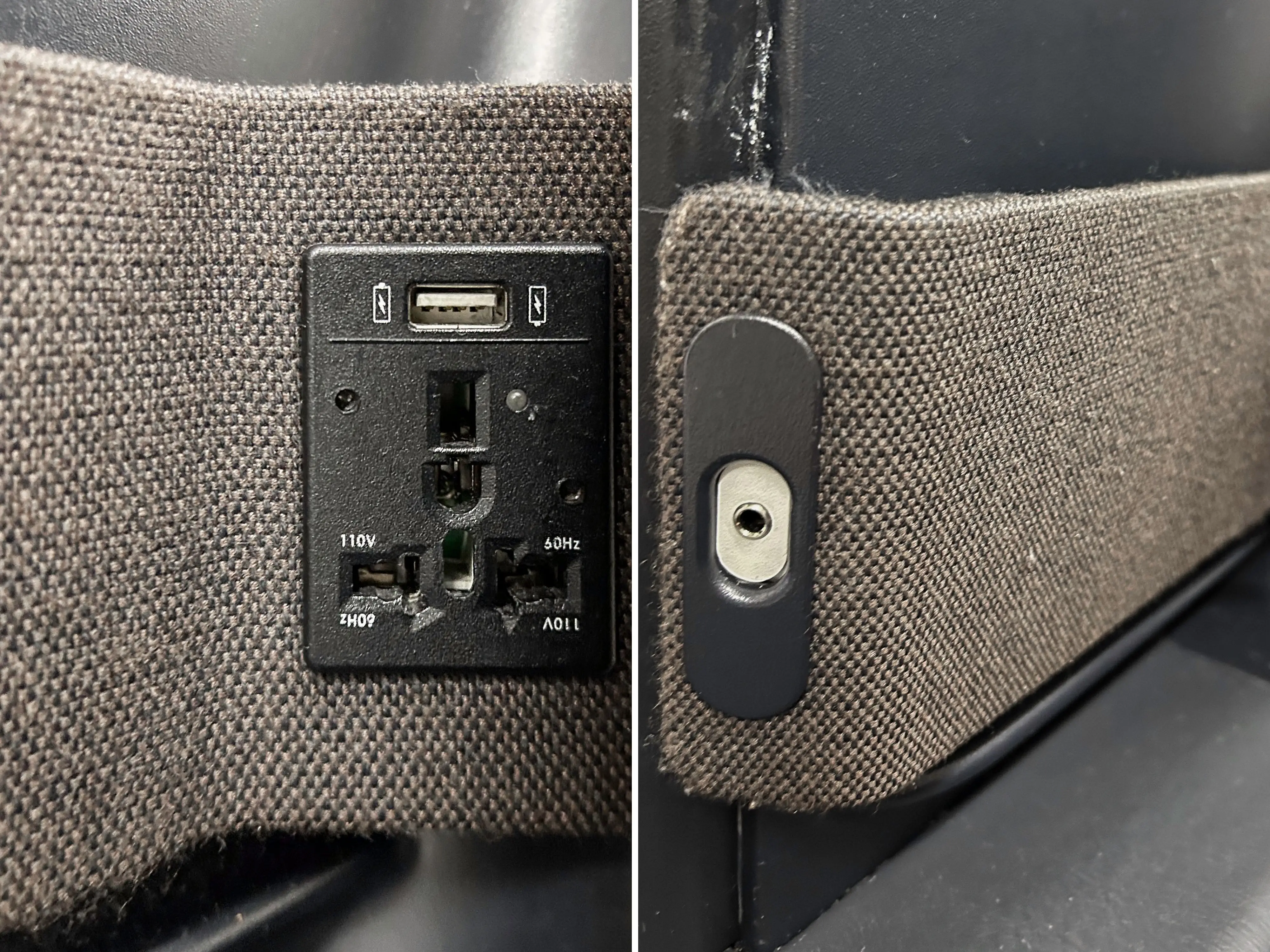 A composite image of close-ups of an outlet and an audio jack on a plane seat