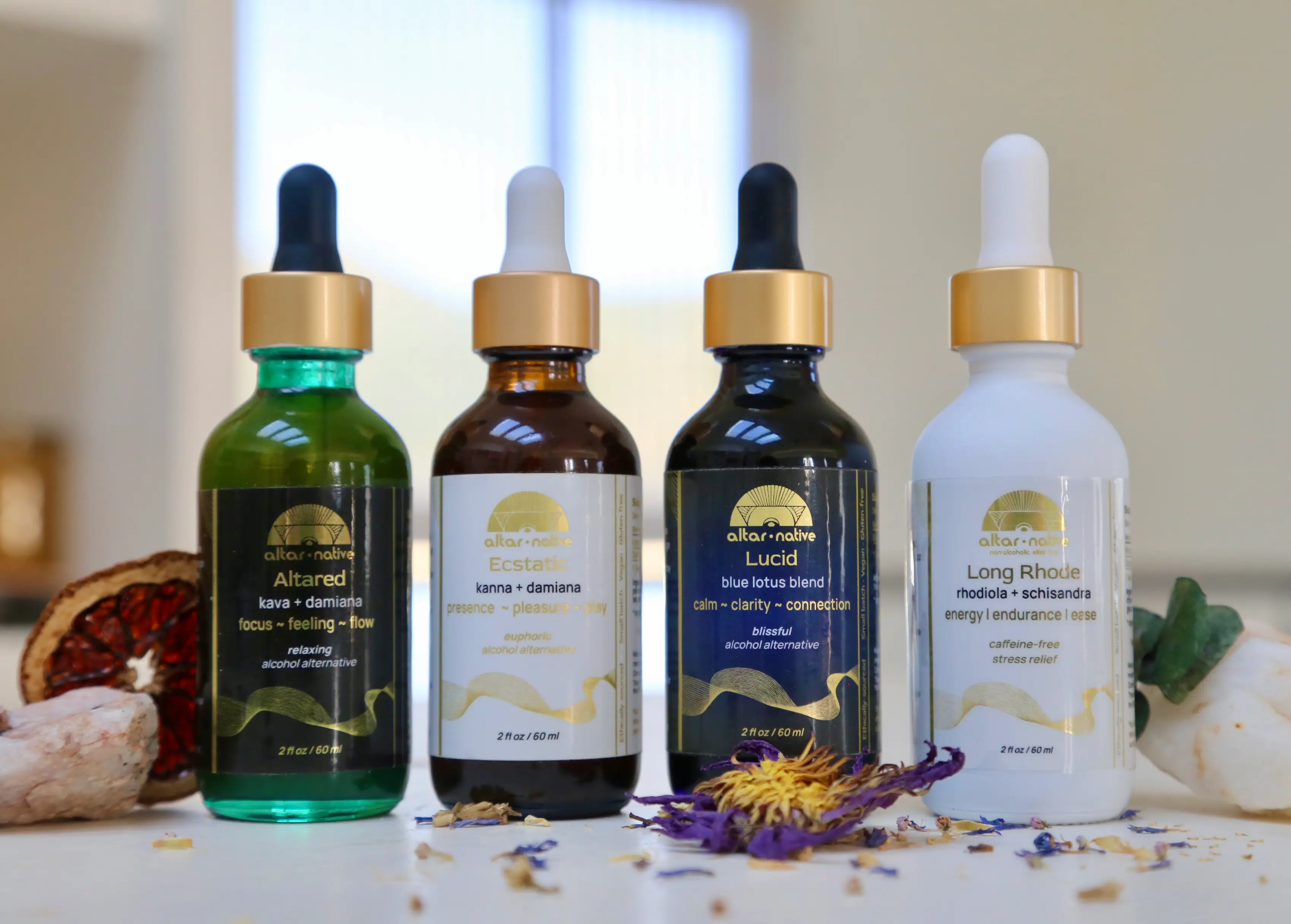 A lineup of alcohol-alternative tinctures from Altar Native