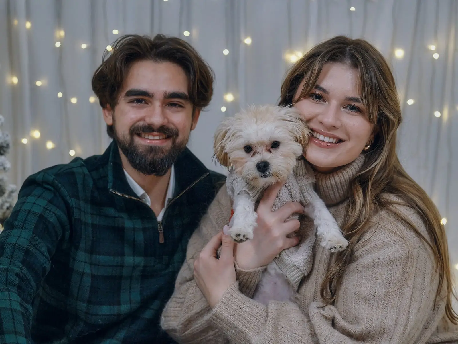 A couple smiles in front of twinkly lights with a small dog.