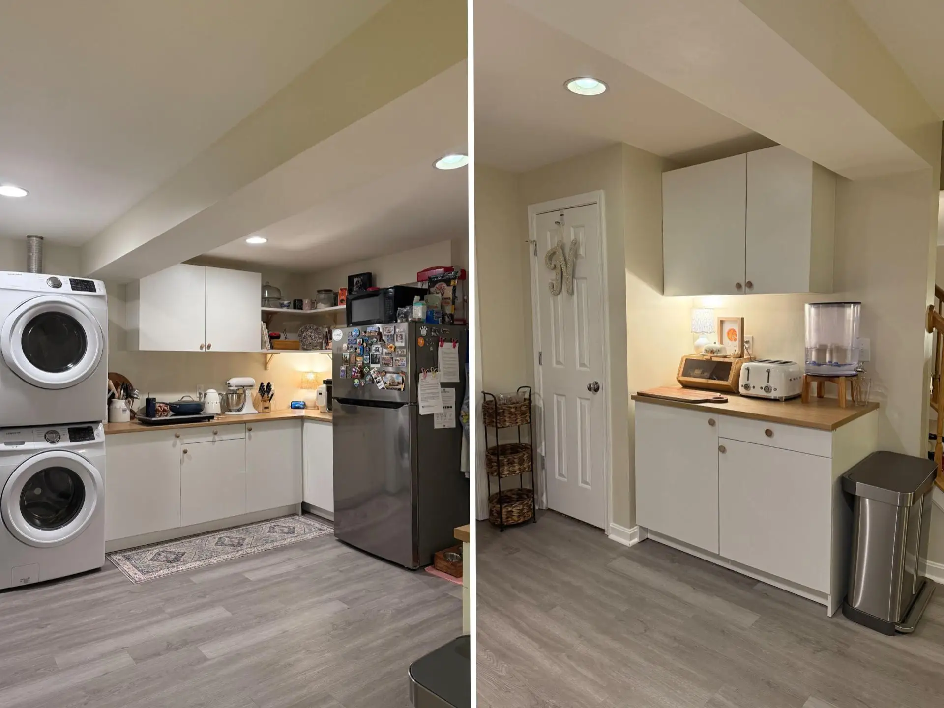 A side-by-side of two parts of a kitchen with grey floors.
