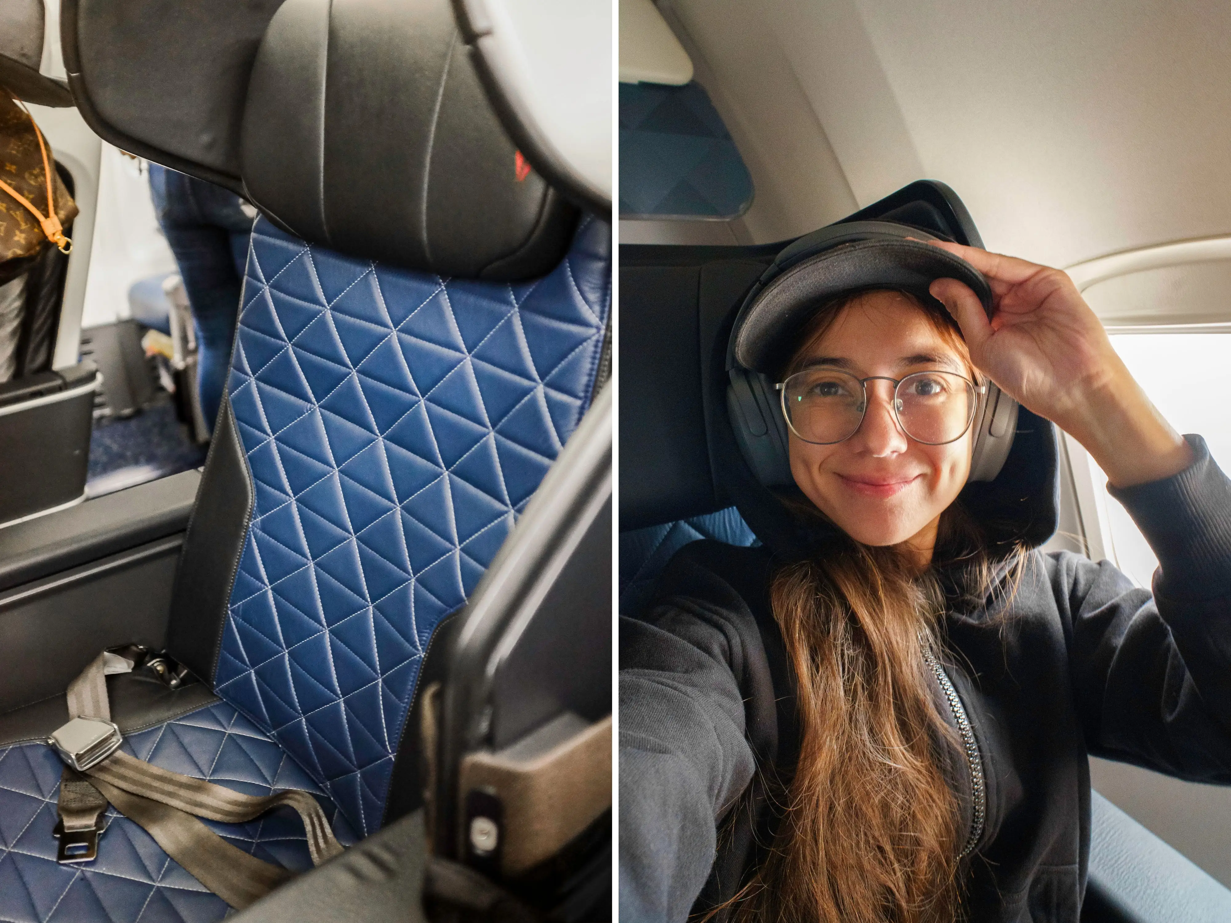 A composite image of a blue first-class Delta flight seat and the author sitting in a window seat in first class