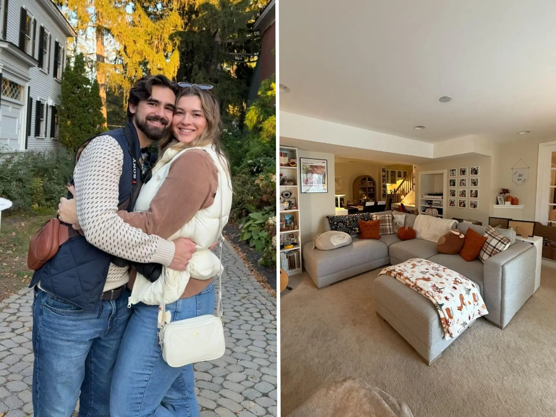 A side-by-side of a couple and a photo of a basement apartment.