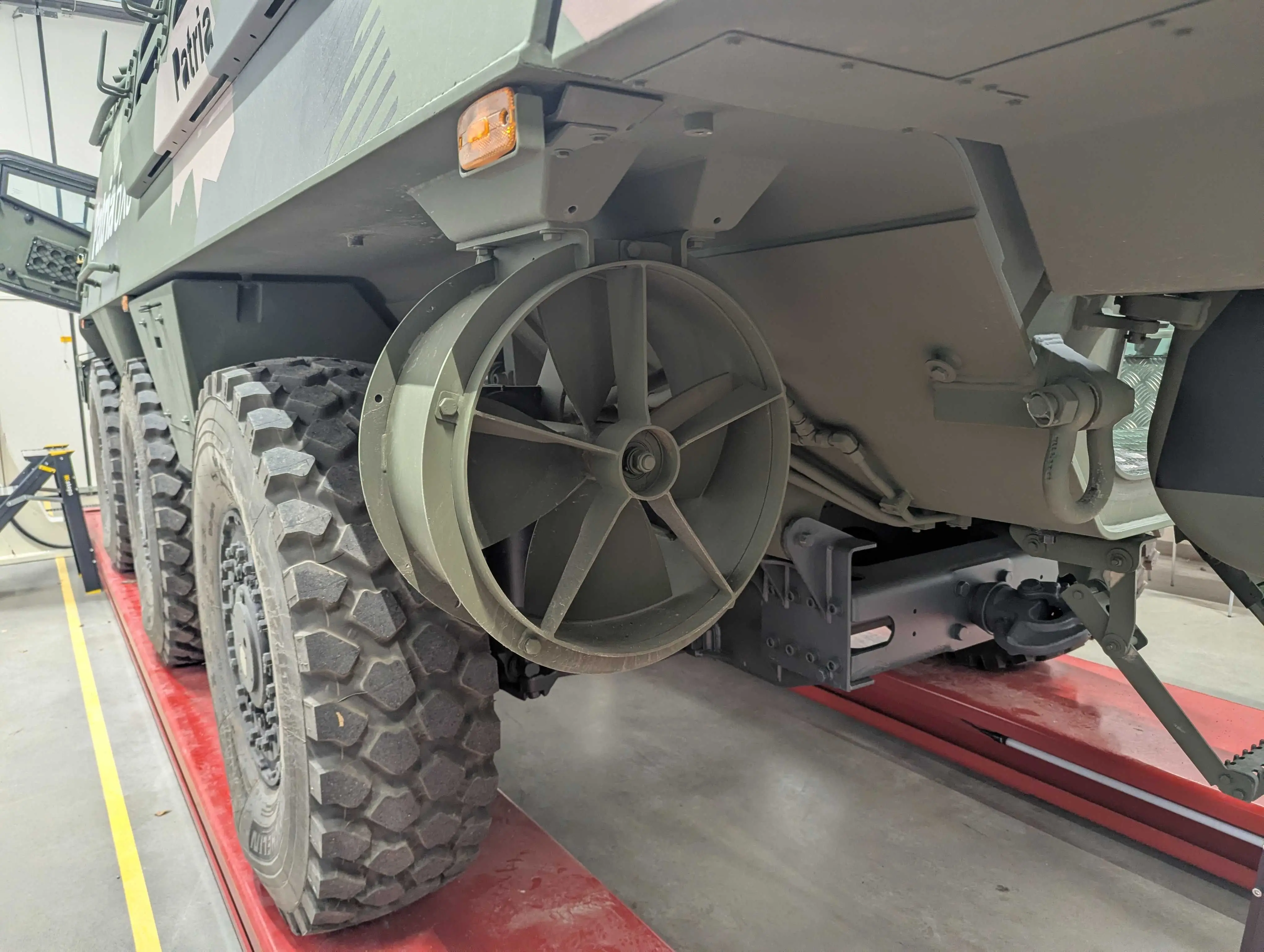 Propellers on the underside rear of the Patria 6x6.